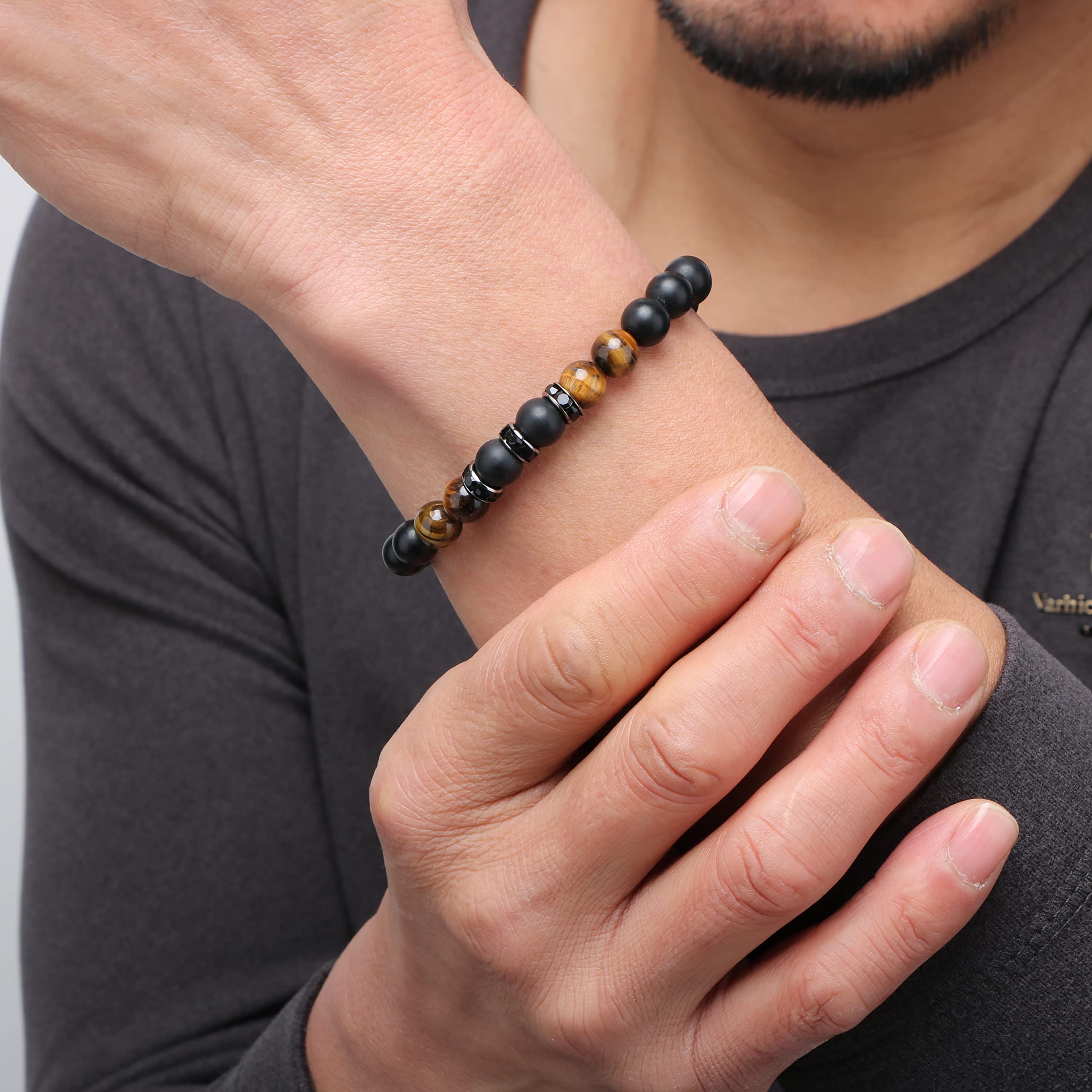 JoycuFF Gifts for Men Natural Tiger Eye Black Matte Agate Bracelets, Fathers Day Anniversary Christmas Birthday Gifts for Him Boyfriend Husband Brother from Girlfriend Wife, To My Man Bead Bracelets