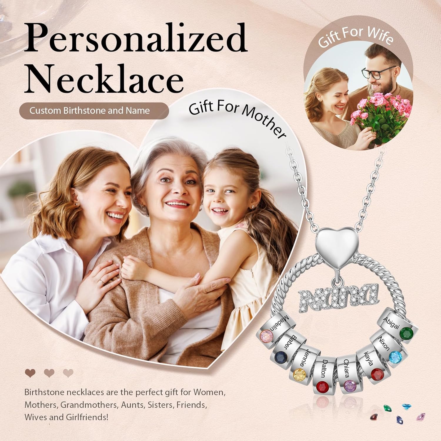Nana Gifts Personalized Mom Necklace with Family Birthstone Customized Engraved Name Necklaces for Women Mothers Day Birthday Gifts for Grandma Grandmother