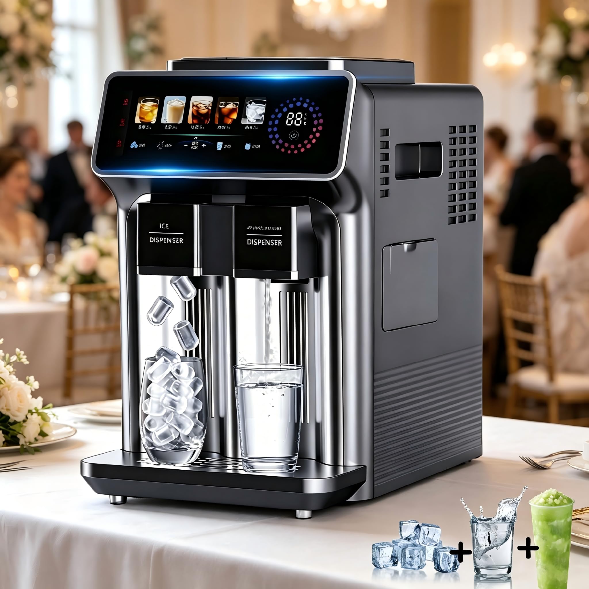 3-En-1 Dispensador De Agua con Fabricador De Hielo Máquina Gray | Autolimpiante, 1KG Almacenamiento, Hielo Nugget Encimera Hogar, Hielo Bala Y Tritado, Agua Fría, 15KG/24H, 12 Cubitos/6Min