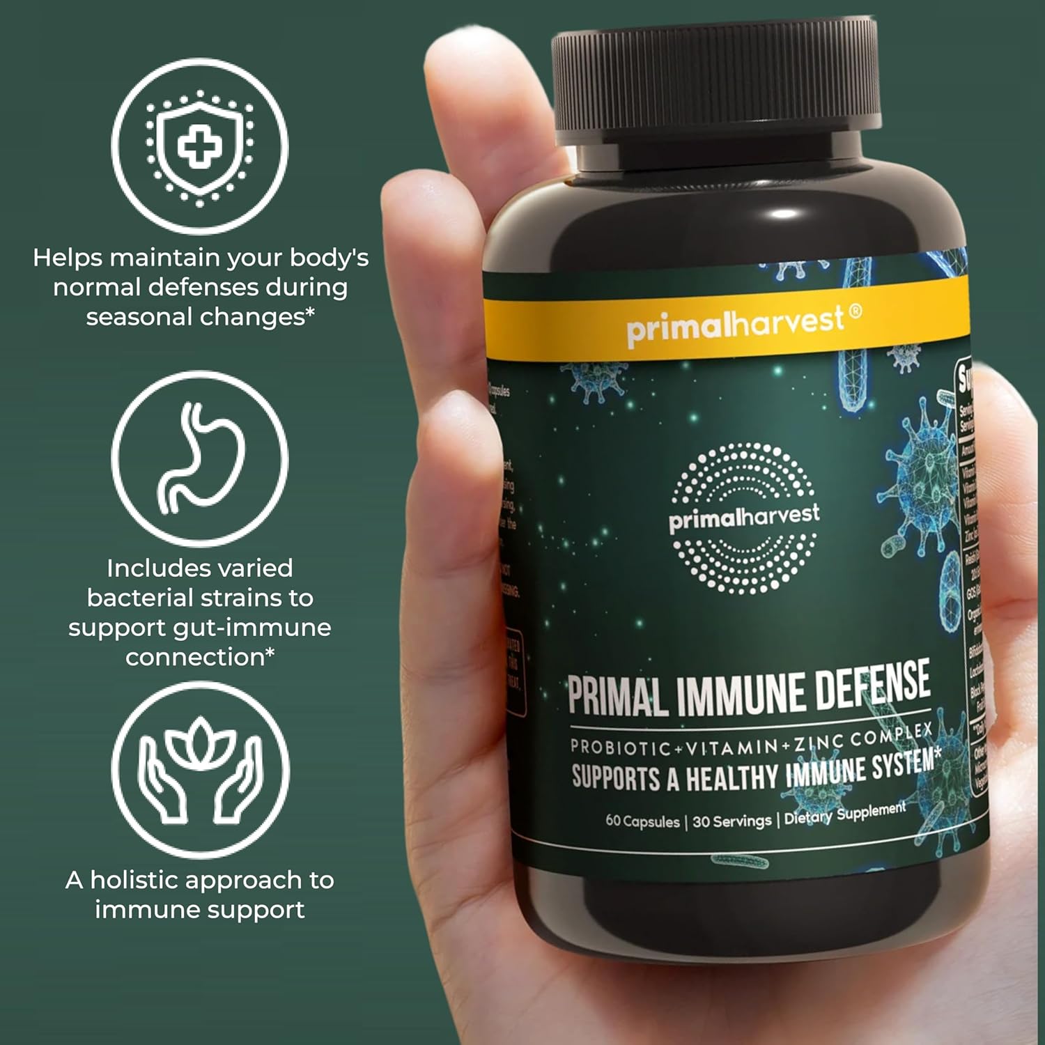Primal Harvest Primal Immune Defense: 10-in-1 Immune Support with Probiotics, Zinc, Vitamins C, B6, D3 & K2, Immune Booster for Adults 60 Capsules (2-Pack) - Image 6