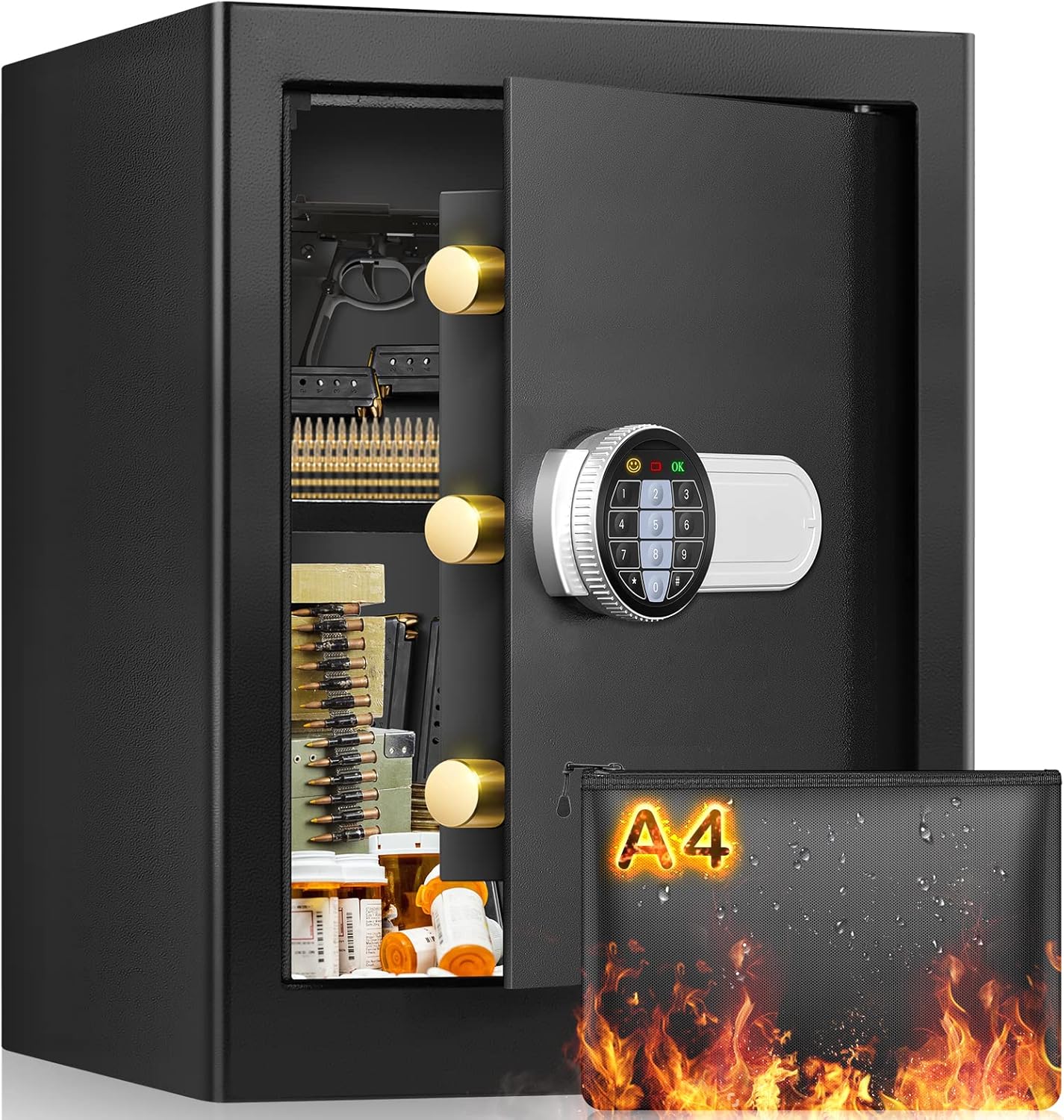 2.3 Cubic Roomy Safe Box Fireproof Waterproof with Keypad and 2 Keys, Anti-Theft Fireproof Safe with Fireproof Document Bag, Security Safe for Home Document Cash Jewelry Pistol Medicine