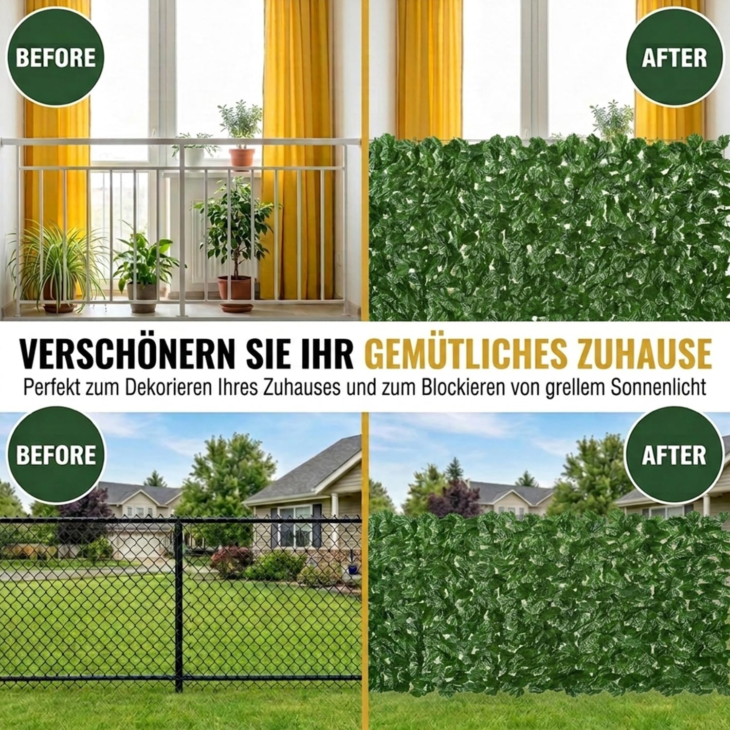 Künstliche Efeu Garten Sichtschutz,Balkon Sichtschutz,Künstliche Efeu Blatt Dekoration für Gartenhecken Balkon Außendekoration 100 x 300 cm
