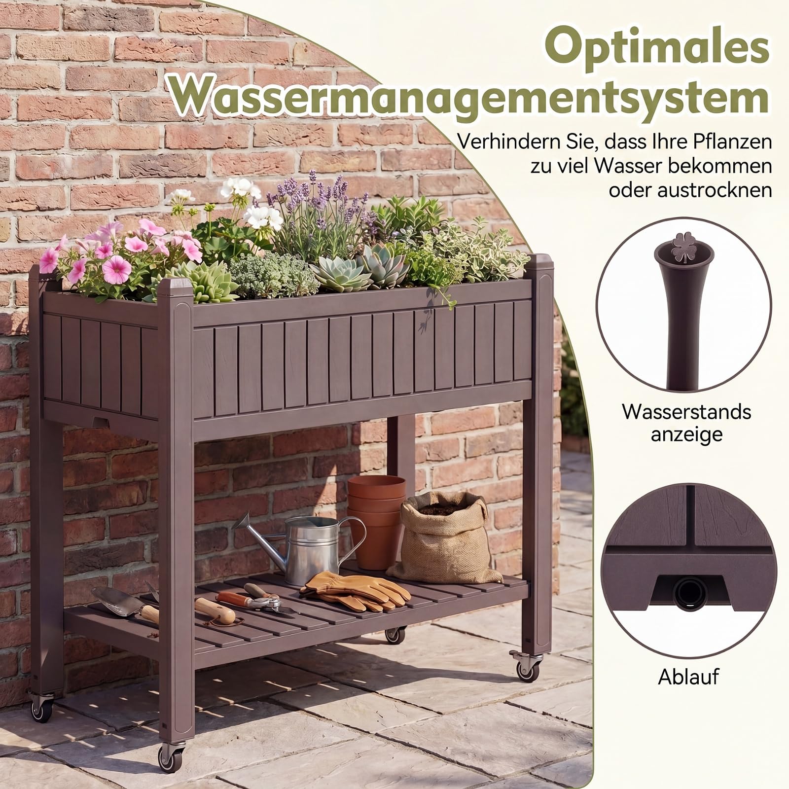 GOPLUS Hochbeet mit Rollen & Ablageregal, erhöhtes Gartenbeet mit Ablauflöchern, wasserfester Pflanzkasten aus Kunststoff & Metall, Kräuterbeet für Garten, Balkon & Terrasse, 108 x 44 x 88,5 cm