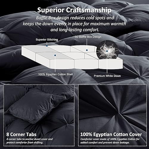 Miniatura 6 de Lujoso edredón con fibra de plumas de ganso, diseño de pliegues exquisitos, tamaño California King, color negro, 108 x 98 pulgadas, 100% algodón