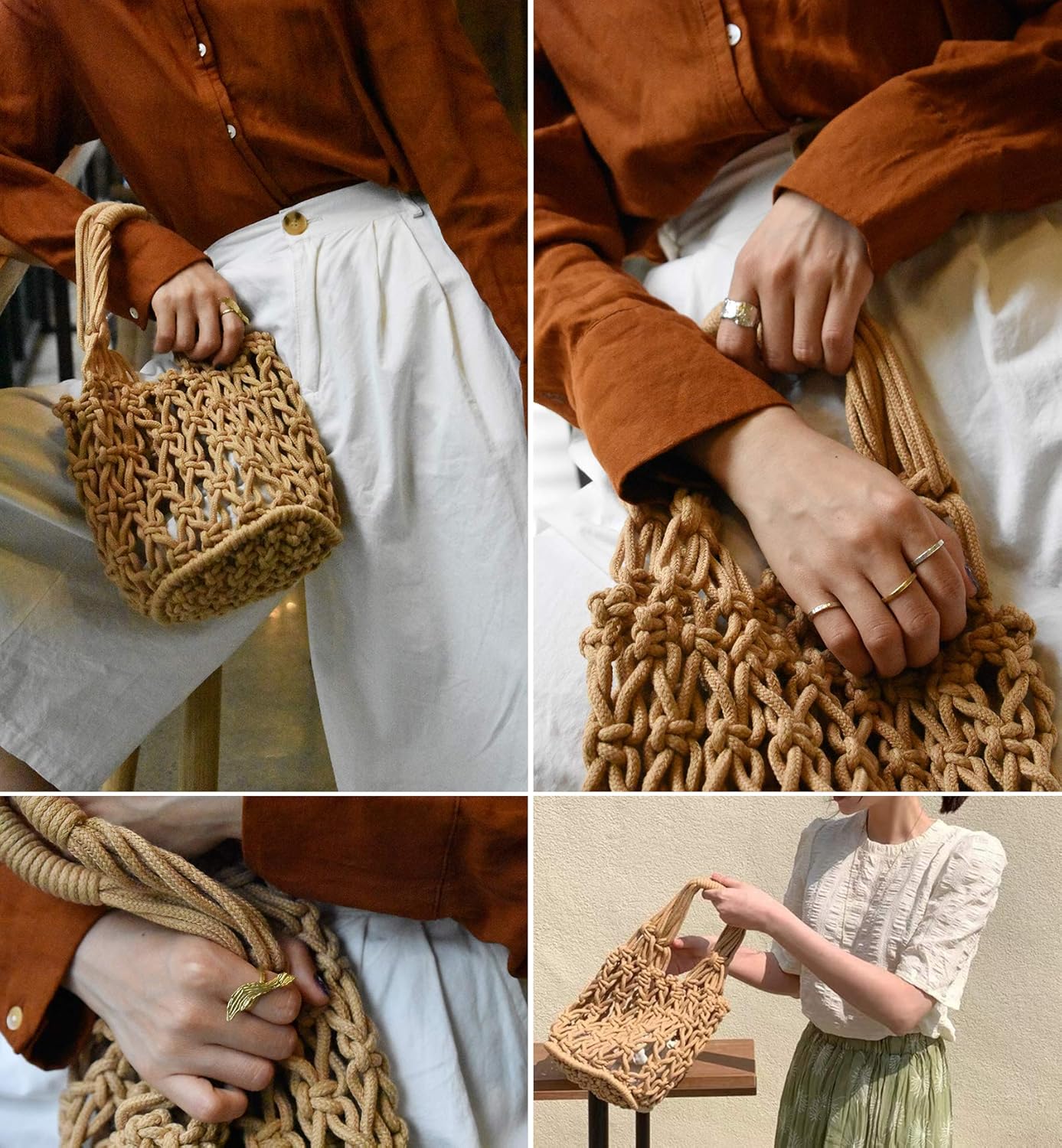 Straw Bag for Women Cotton Thread Crochet Bags Summer Beach Purse Casual Bucket Handbag