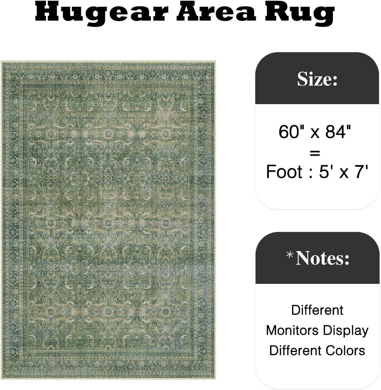 HUGEAR Area Rug 5x7 Vintage Green Machine Washable Living Room Rugs Distressed Retro Floral Vacuumable Low Pile Carpet Bedroom Office Dining Room Laundry Room Non Slip Soft Lightweight