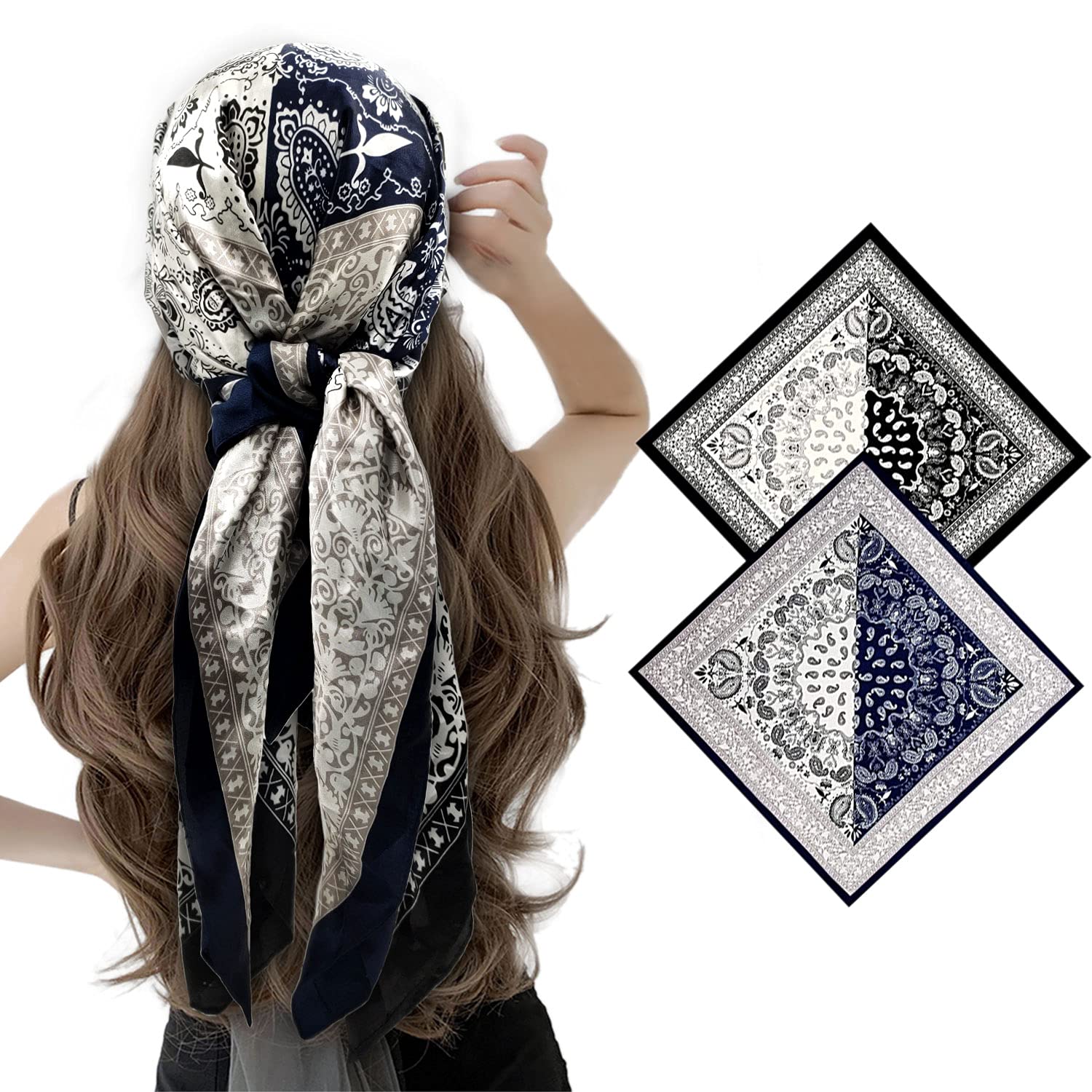 Paquete de 2 bufandas de seda satinada de 35 pulgadas para el cabello, bandana ligera para la cabeza, bufandas para el cuello y la cara para mujer, 2pcs Paisley2 Negro+azul marino