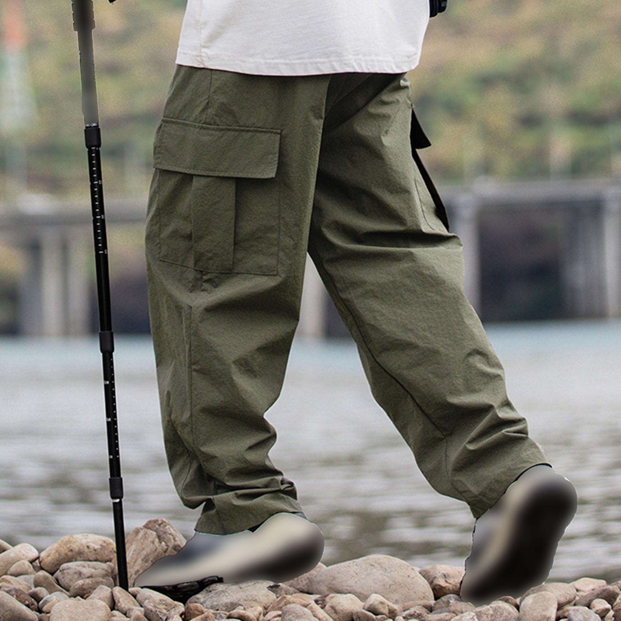 Men's Wild Cargo Pants Casual Tactical Pant Elastic Waist Stretch Drawstring Flap Pockets Relaxed Fit Hiking Trousers (Green,Medium)
