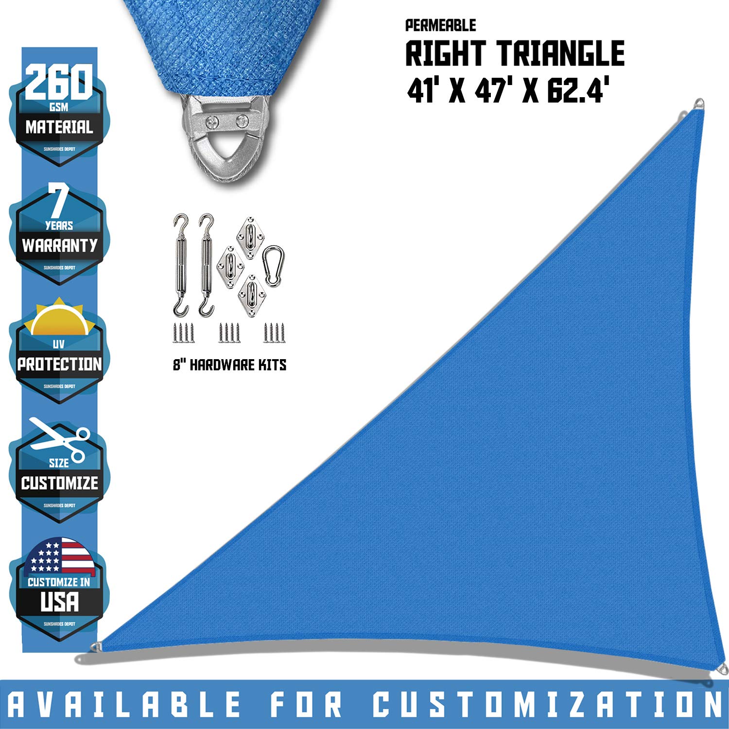 TANG Sunshades Depot A Ring Design Steel Cable Wire Reinforcement 41'x47'x62.4' Feet Right Triangle Sun Shade Sails Blue Heavy Duty Permeable 260 GSM with 8'' inch Hardware Kit