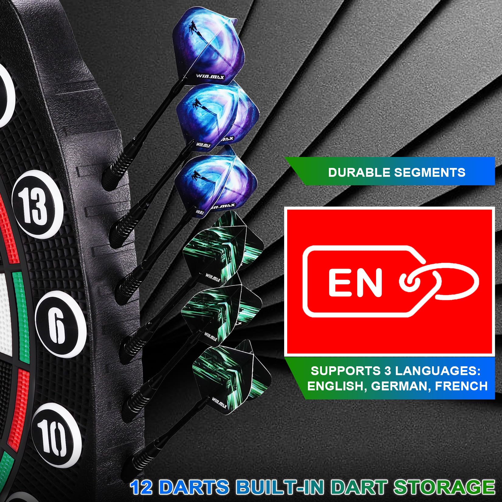 WIN.MAX Bersaglio elettronico per freccette con punta morbida, display a LED, 3 lingue con 12 freccette 100 punte adattatore di alimentazione