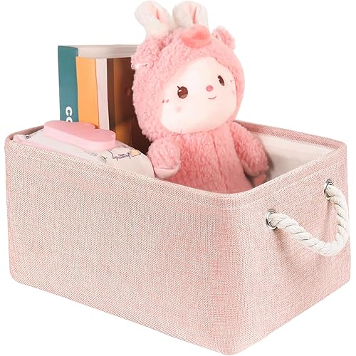 Storage Bins with Sturdy Cotton Handles(1 Pack), Fabric Storage Baskets for Organizing use for Office & Home, Book, Clothes, Toys, Closet Boxes (Small, Pink, 12.2x8.3x6.3 inches)