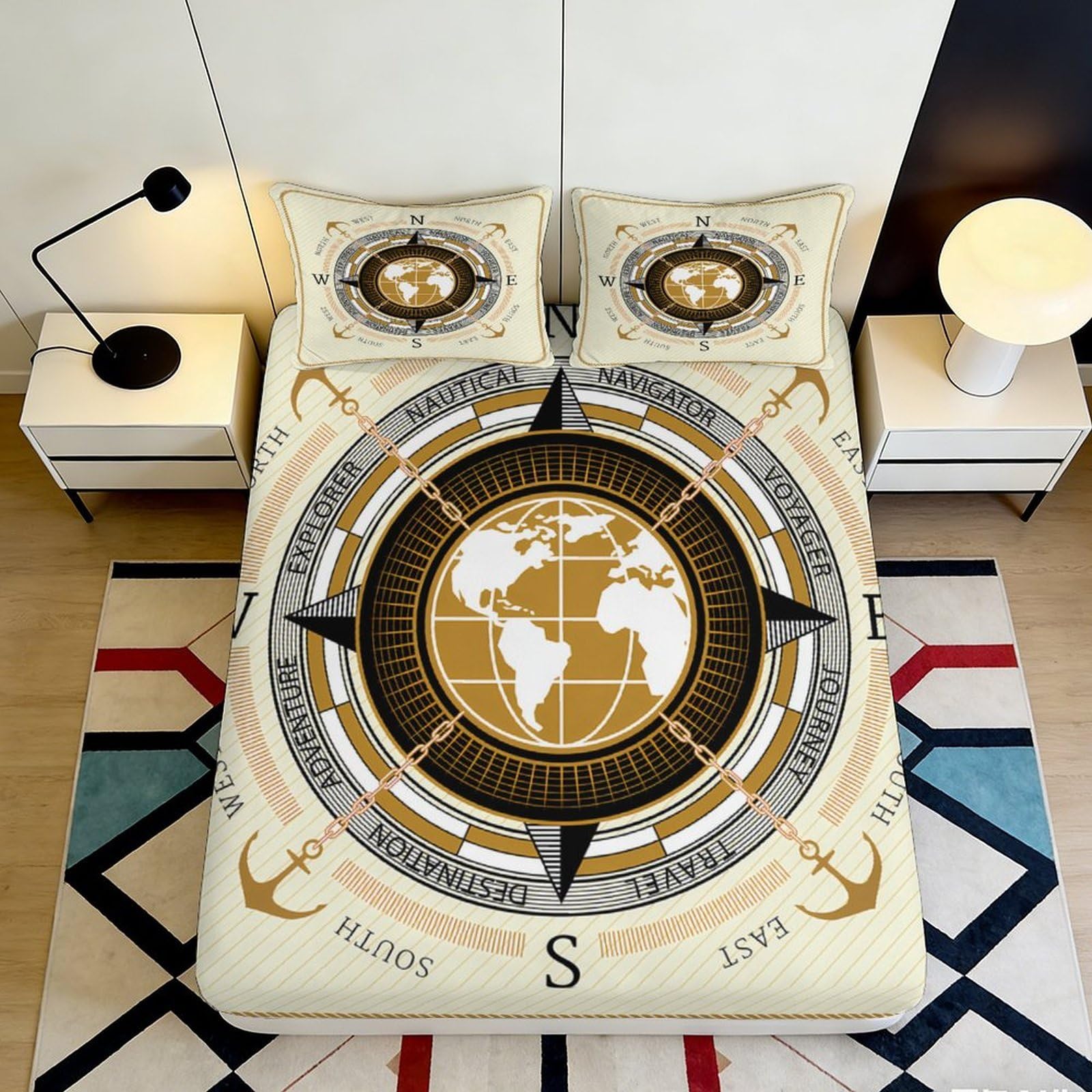 3D Printed Compass World Map Fitted Sheet Microfiber Anti-Slip Nautical Anchor Mattress Cover for Bedroom Dorm Decor 90x200x25cm