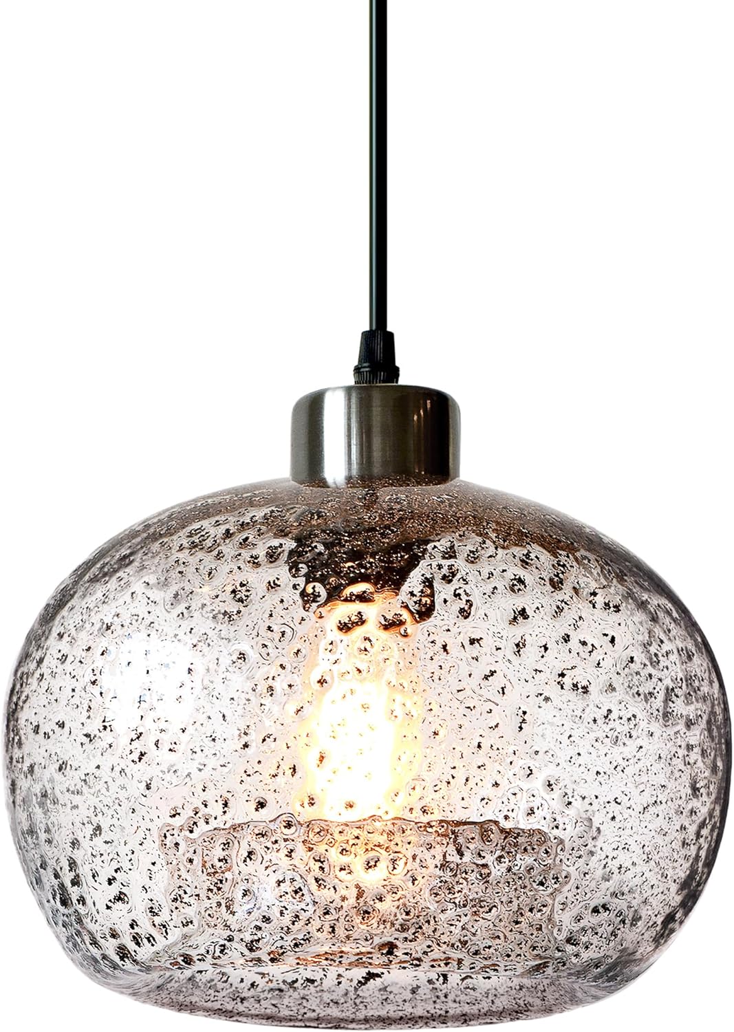 CASAMOTION Pendant Lighting Handblown Glass Drop Ceiling Lights, Modern Rustic Hanging Light Clear Seeded Glass with Black Sand Powder, Brushed Nickel Finish 8.7 Inch Diameter