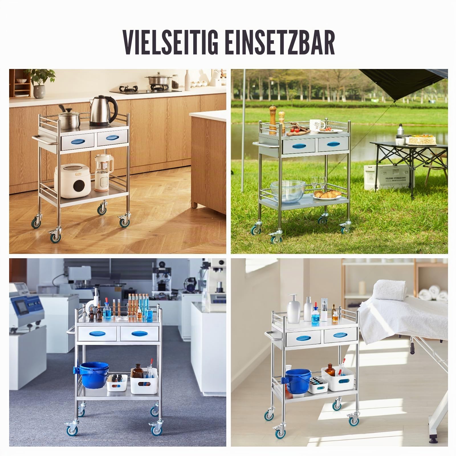 VEVOR Labor-Servierwagen, 2-lagiger Rollwagen aus Edelstahl, Medizinwagen mit Zwei Schubladen, Zahnarztwagen mit feststellbaren Rädern und einem Eimer, für Labor, Krankenhaus, Zahnarztgebrauch