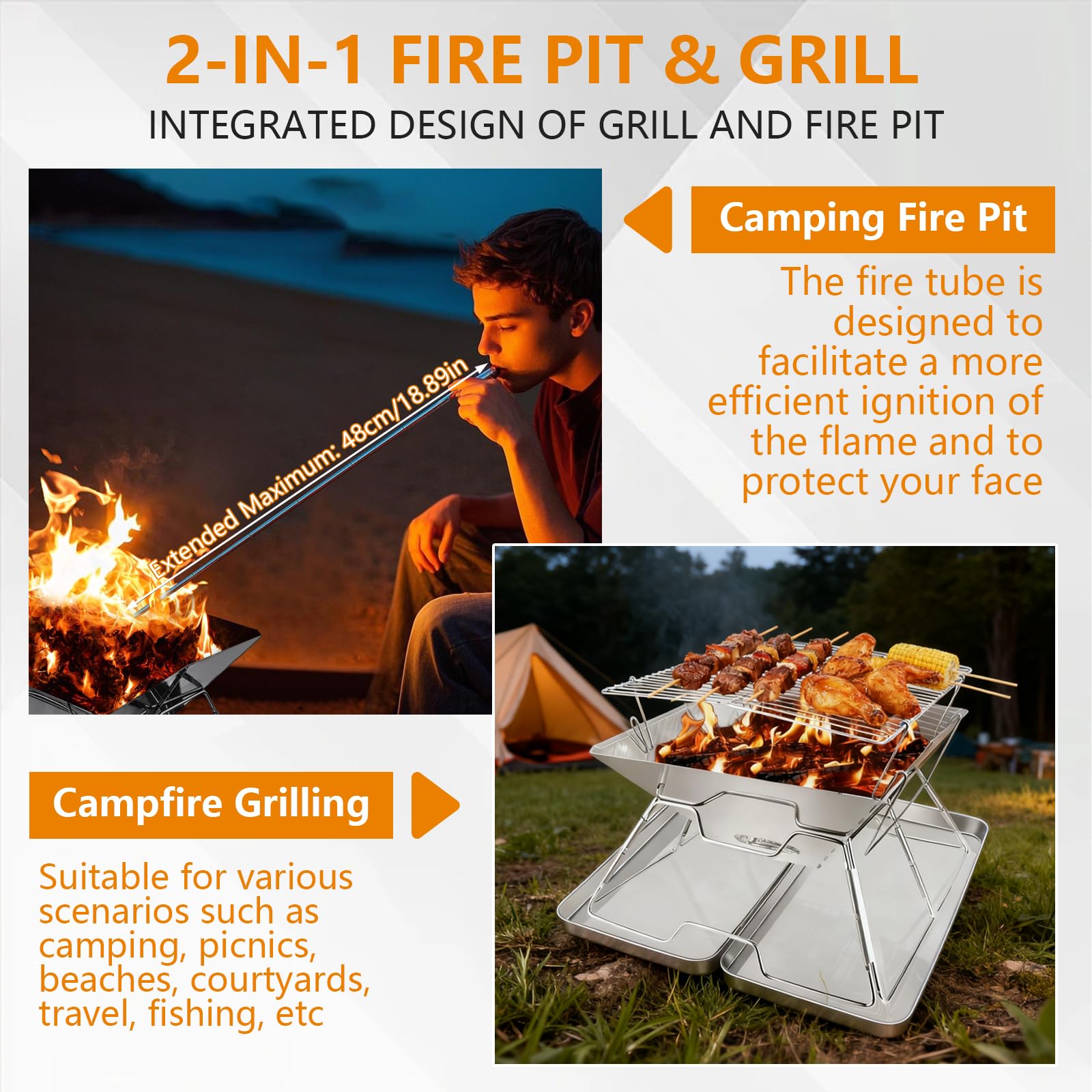 Braciere portatile pieghevole in acciaio inox 304, griglia con scatola di trasporto in ferro, griglia per barbecue, barbecue, fornello da campeggio per picnic, barbecue, falò, patio, cortile, giardino