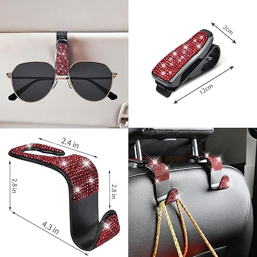 Miniatura 7 de CAR PASS Juego de 7 fundas para volante de color rojo brillante para mujer, cojín de cinturón de seguridad con diamantes de imitación brillantes,