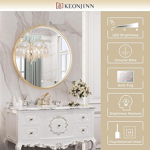 Miniatura 7 de Keonjinn Espejo de baño LED redondo dorado de 24 pulgadas con luces de 3000 K4500 K6000 K, espejo circular iluminado frontal enmarcado regulable,
