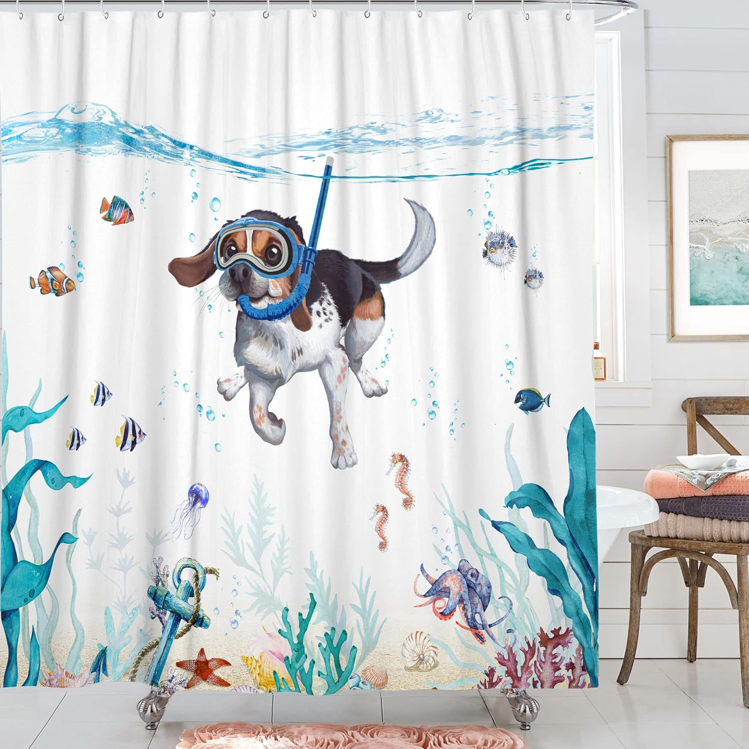Funny Dog Shower Curtain Teal Blue Sea Ocean Waterproof Fabric Shower Curtains for Bathroom with Animal Octopus Starfish Turtle Anchor Fish Nautical Bathroom Curtain (Dog)