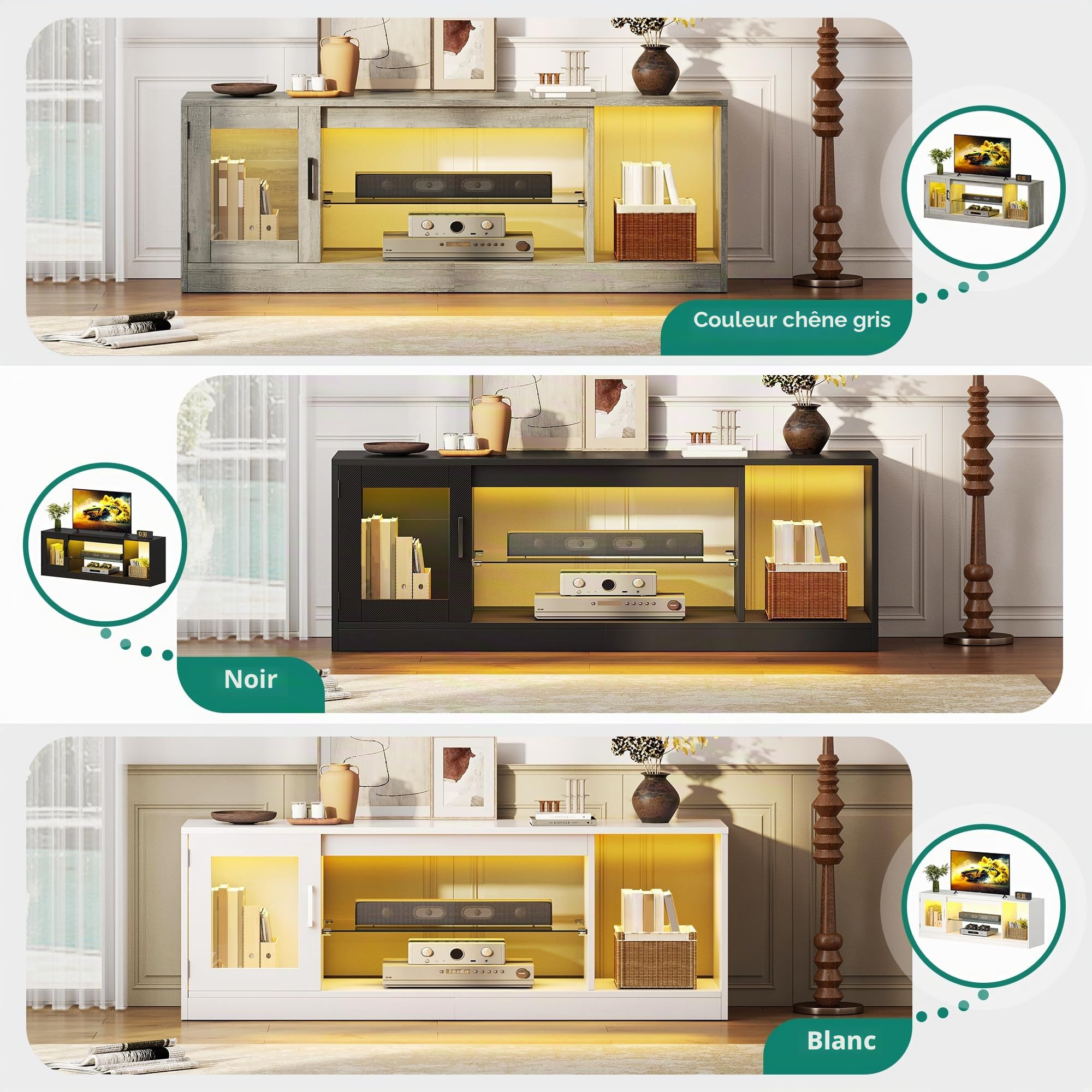 YITAHOME Meuble TV de 148 cm pour téléviseurs jusqu'à 65" avec 7 LED RVB 22 Modes d'éclairage TV Centre de Divertissement avec étagères en Verre réglables pour Salon, Chambre à Coucher
