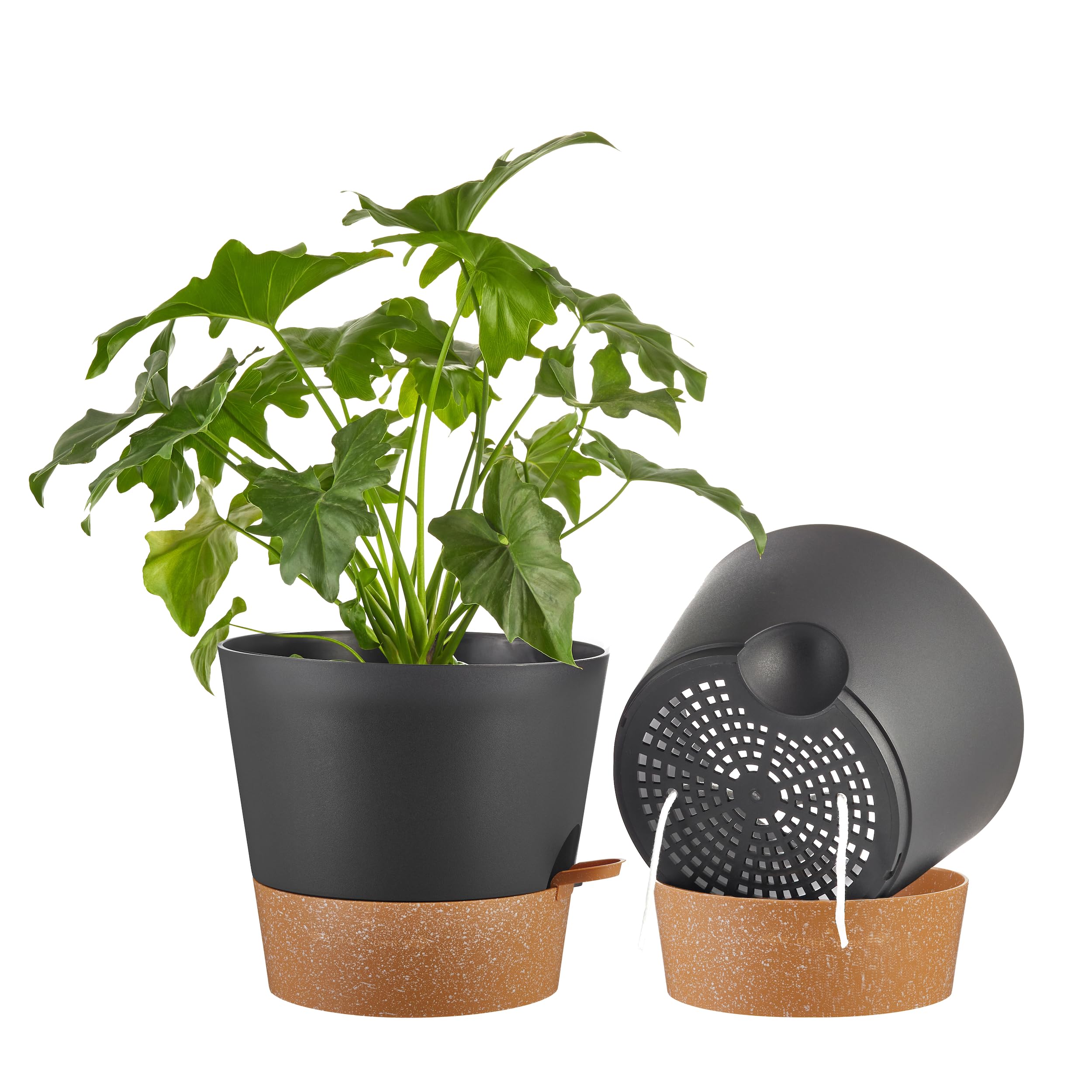 FaithLand 2-Pack 10 Inch Planter Pots for Indoor Outdoor Plants, Self Watering Flower Pots with Deep Reservoir, Black with Terracotta 