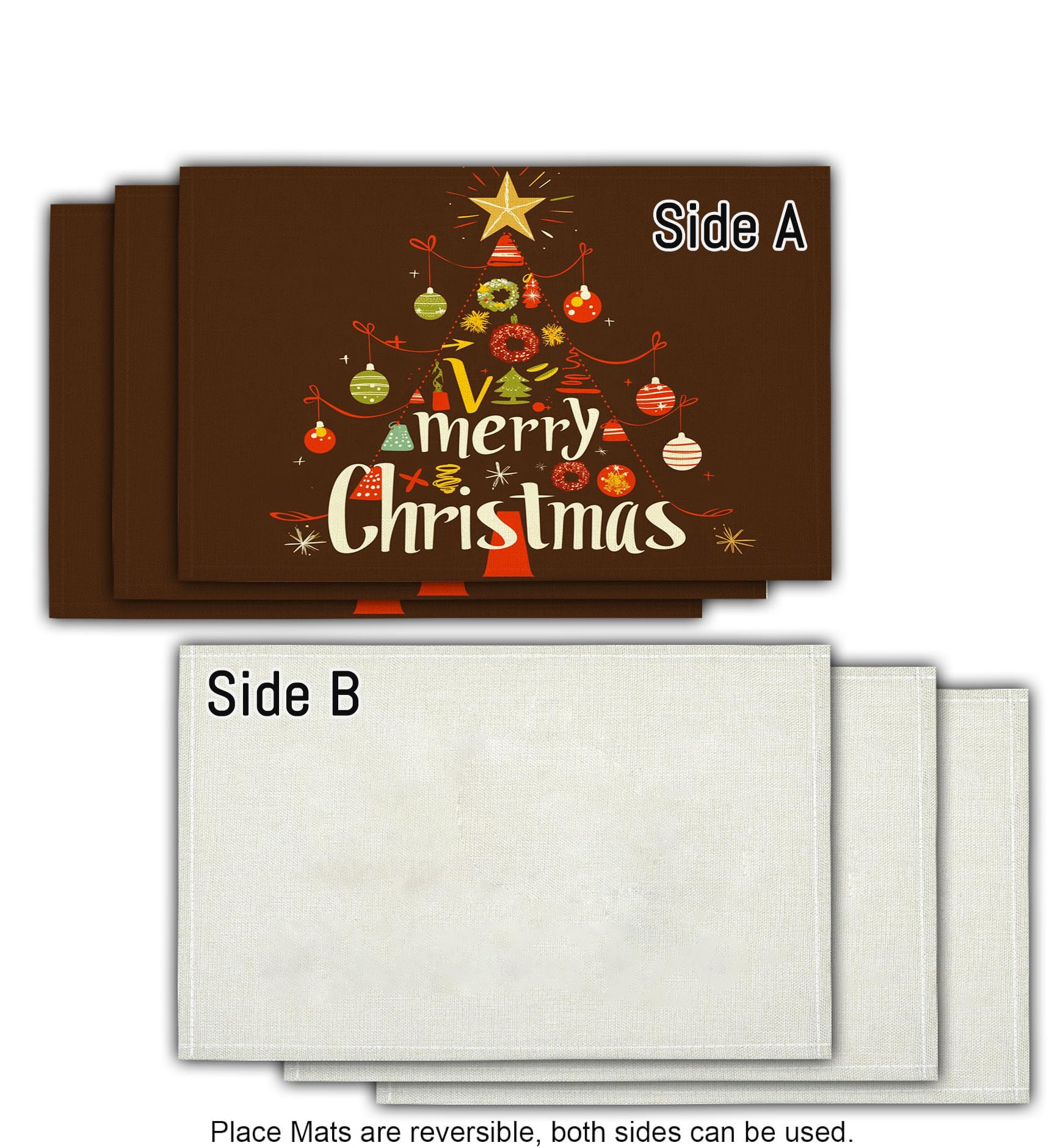 Astratto Albero Di Natale Tovaglietta americana 8 pezzi in Cotone e lino 45x30 cm, Semplice Palla Sospesa Tovagliette da tavolo per colazione e merenda Antimacchia, Marrone
