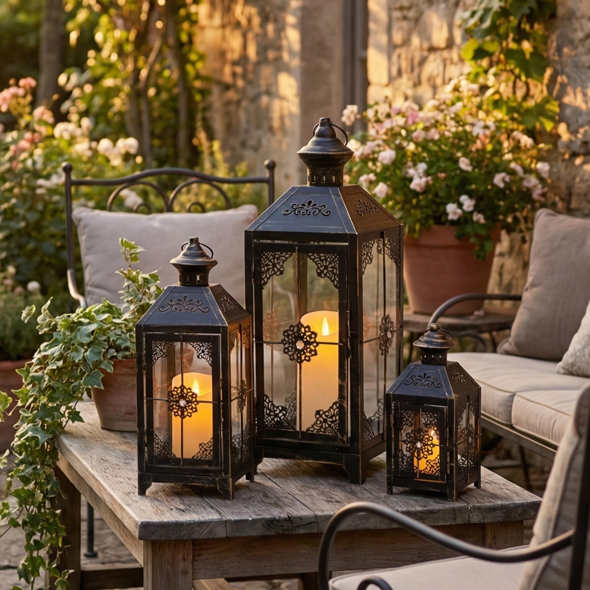 JHY DESIGN Glass Candle Lantern - Set of 3 Black Metal Decorative Lanterns (50cm, 35cm, 23.5cm Tall), Clear Tempered Glass Hurricane Lantern with Handle, Wedding Centrepiece, Garden, Mantelpiece