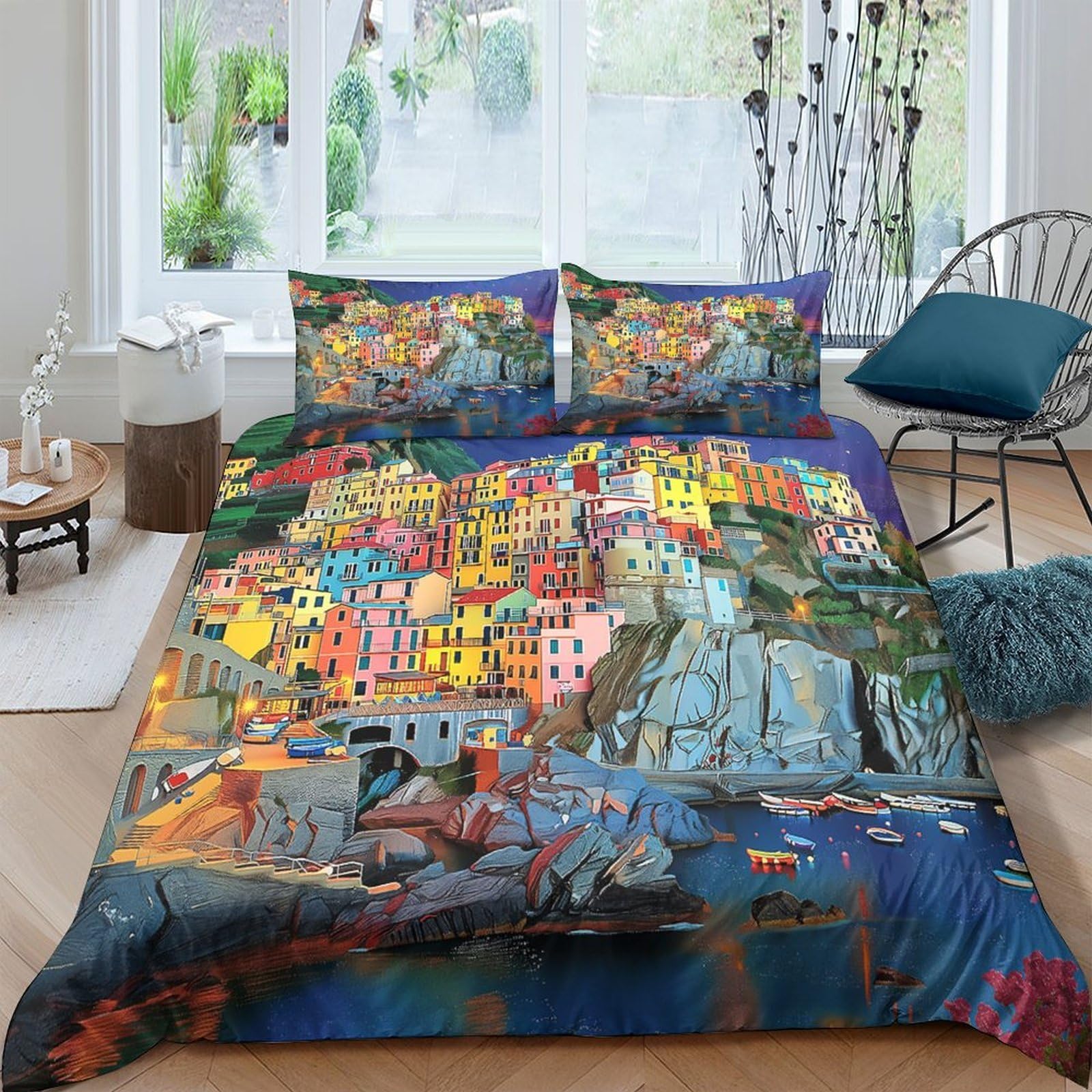 Ctjqhvkz Style-4 3D Printed Colorful Coastal Town Fitted Sheet Microfiber Soft Artistic Seaside Village Mattress Cover For Bedroom Home Decor Single（135X200cm）