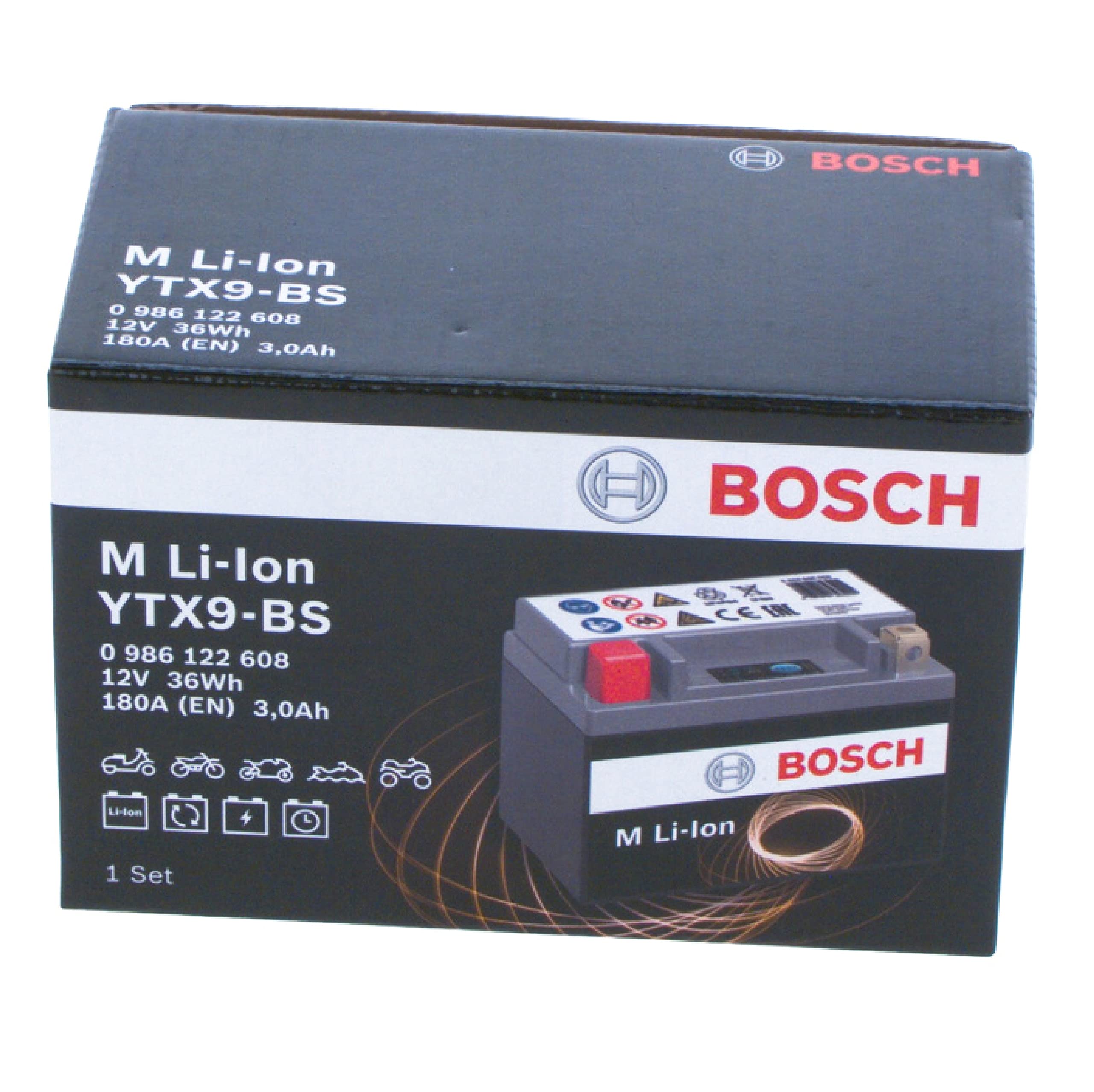 Bosch 0986122608 - Batería de Ion-Litio para Motocicletas 12V 180A 3Ah Ion-Litio equivalente a 9Ah Plomo-Ácido - Adecuada para motocicletas, motos, enduros, scooters, quads, motos de agua - BTX9-BS