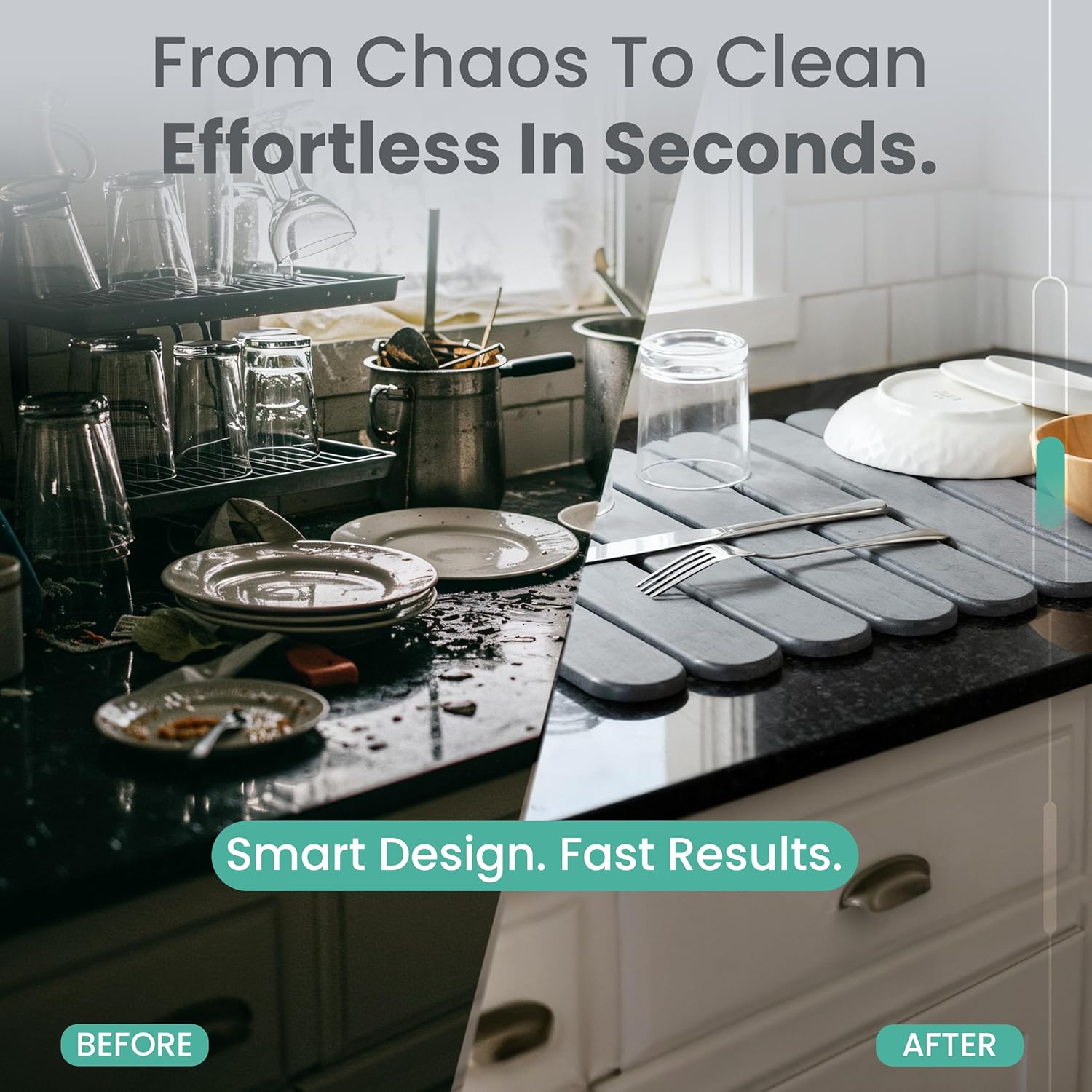 Stone Dish Drying Mat for Kitchen Counter, 23.6”(L) x 15.3”(W), Collapsible Eco-Friendly Diatomaceous Mat, Non Slip Quick Dry – Grey Mat for Dishes, Bottles & Cups, Matches Any Countertop