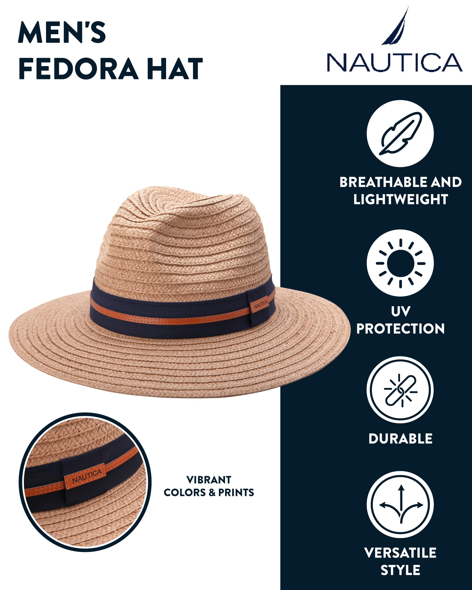 Nautica Men's Fedora Hat - Classic Brim Straw Sun Hat with UV Protection and Decorative Band for Outdoor Adventures, Size One Size, Brown
