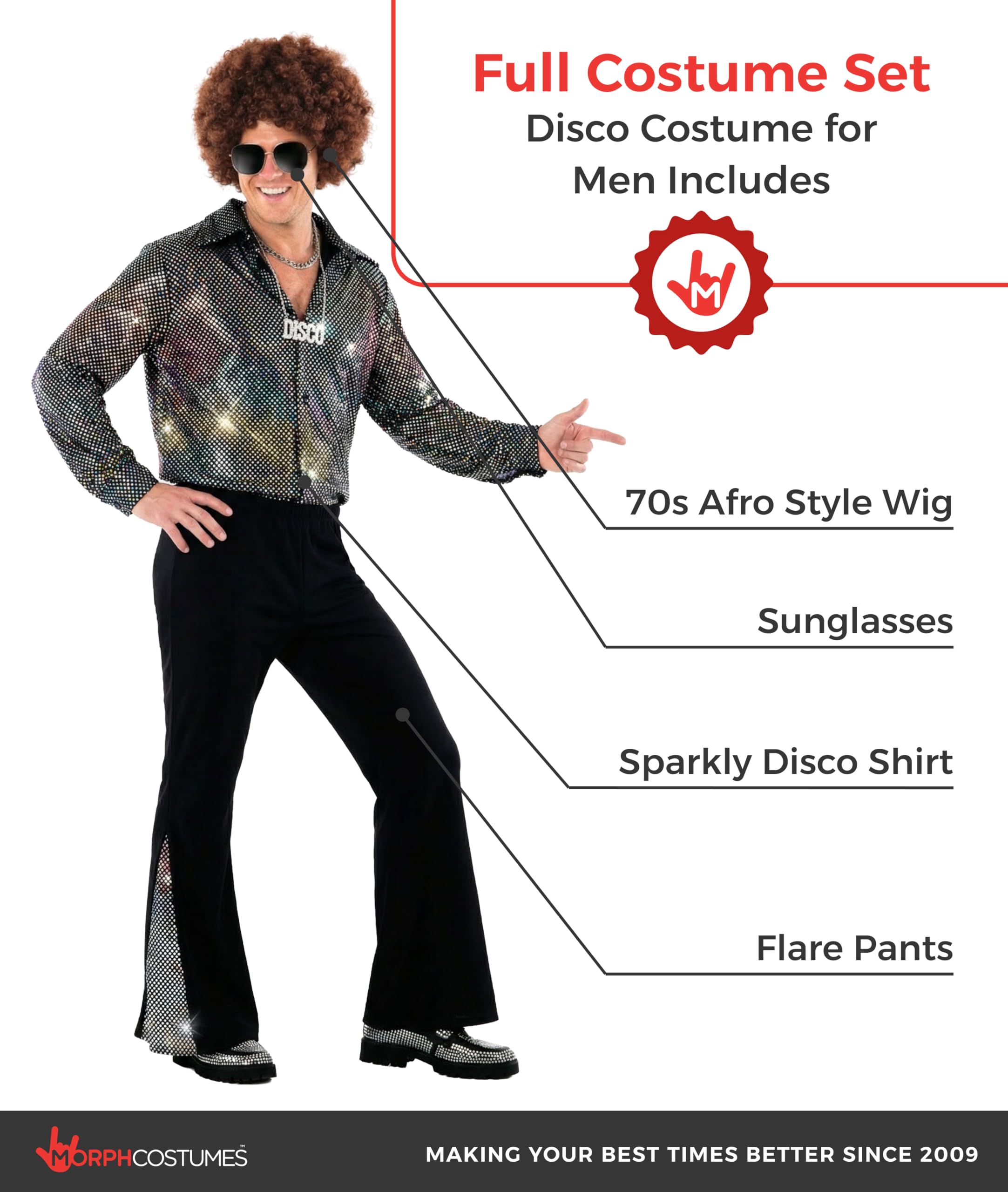 Morph 70er Jahre Kostüm Herren, Saturday Night Fever Kostüm Herren, Disco Fever Kostum Männer, Schlagermove Outfit Männer, Karneval & Fasching