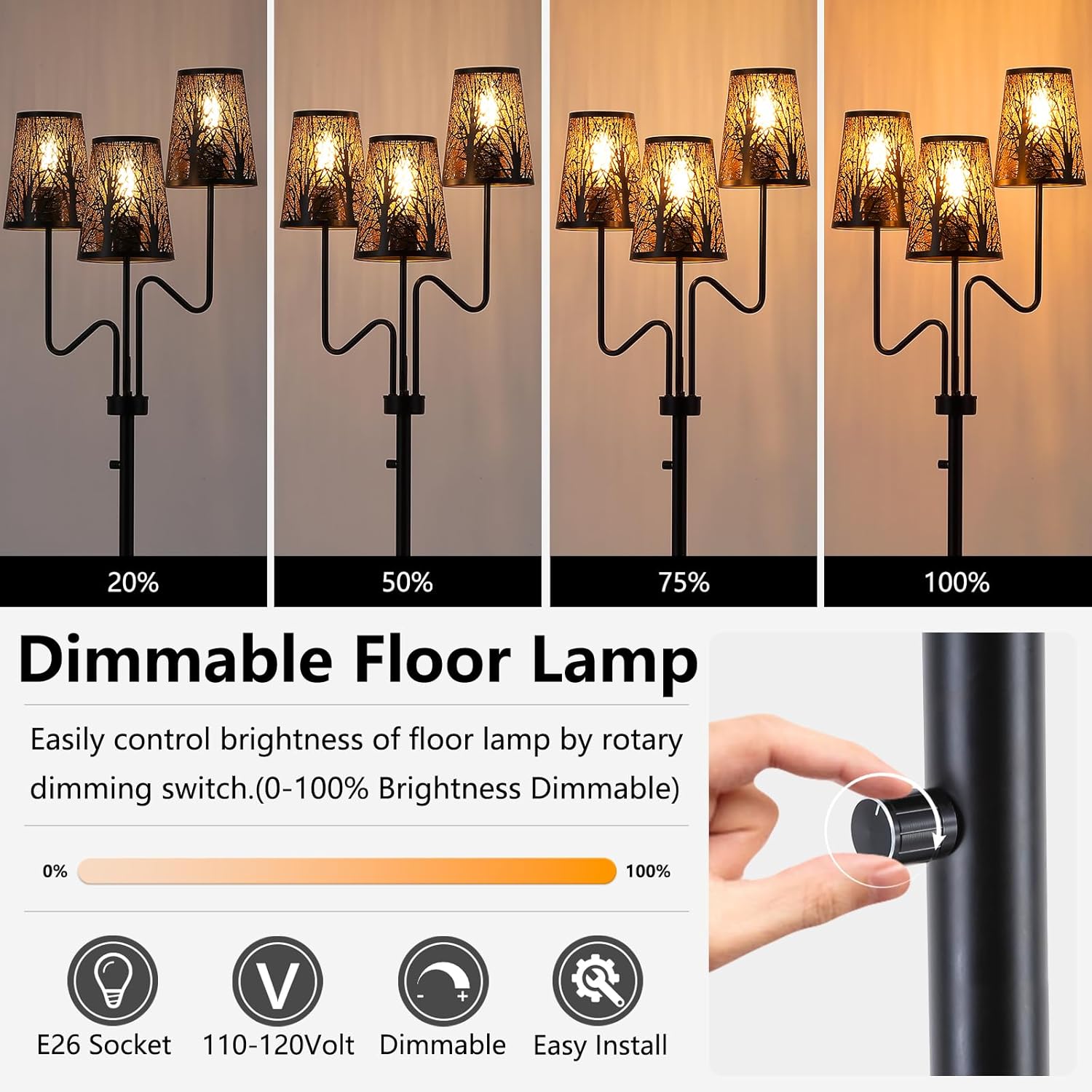9MMML 3-Light Black Dimmable Floor Lamp for Living Room Bedroom 68'' Tall Standing Lamp with Metal Hollow Shades, 3 x E26 LED Bulb Included