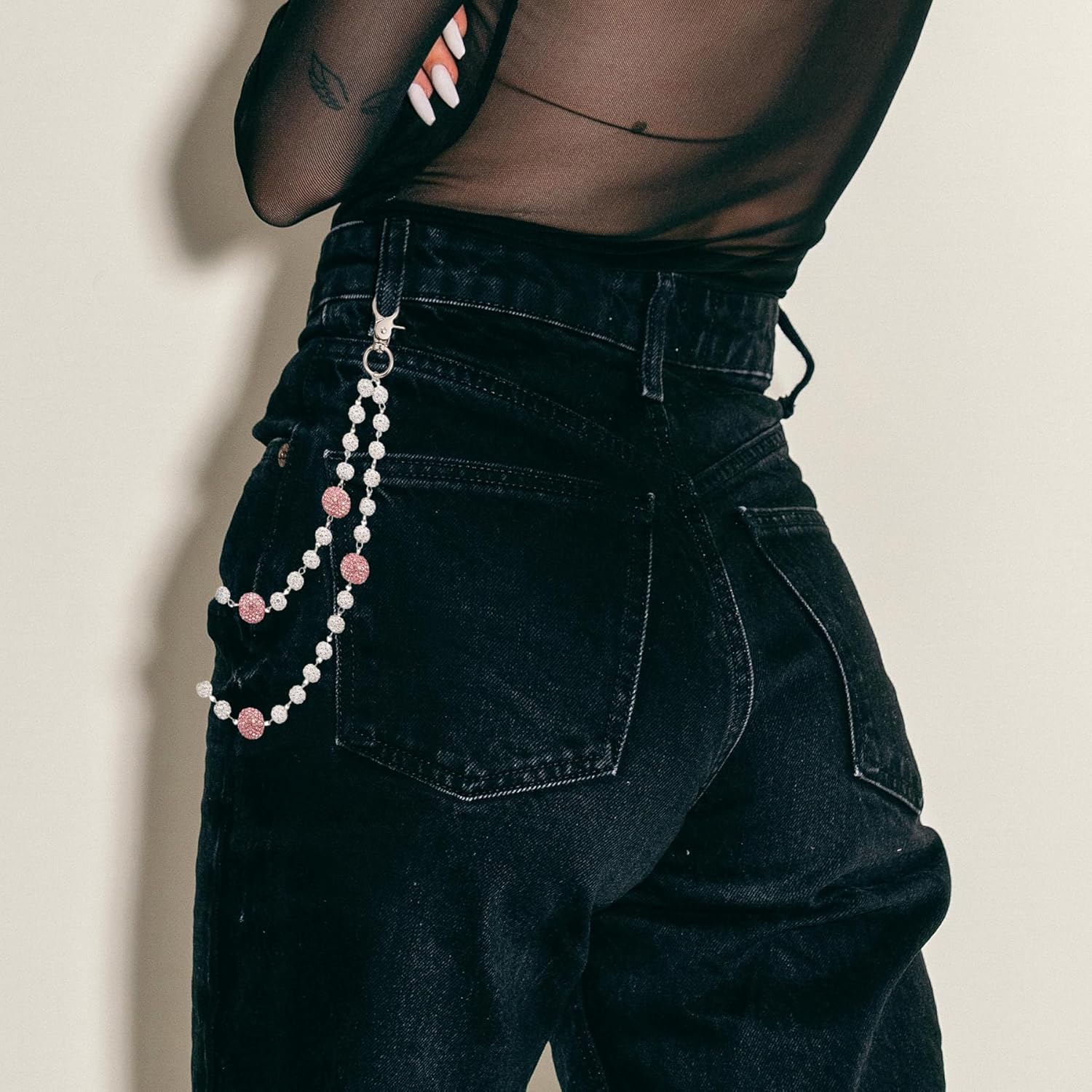 SKQIR Hip Hop Wallet Chain for Men Jeans Pocket Belt Layered Chain Disco Rhinestone Beads Baseball Drip Punk Jewelry Gifts Goth Accessories for Men - Image 3