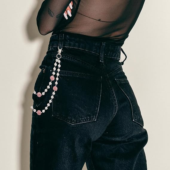 SKQIR Hip Hop Wallet Chain for Men Jeans Pocket Belt Layered Chain Disco Rhinestone Beads Baseball Drip Punk Jewelry Gifts Goth Accessories for Men