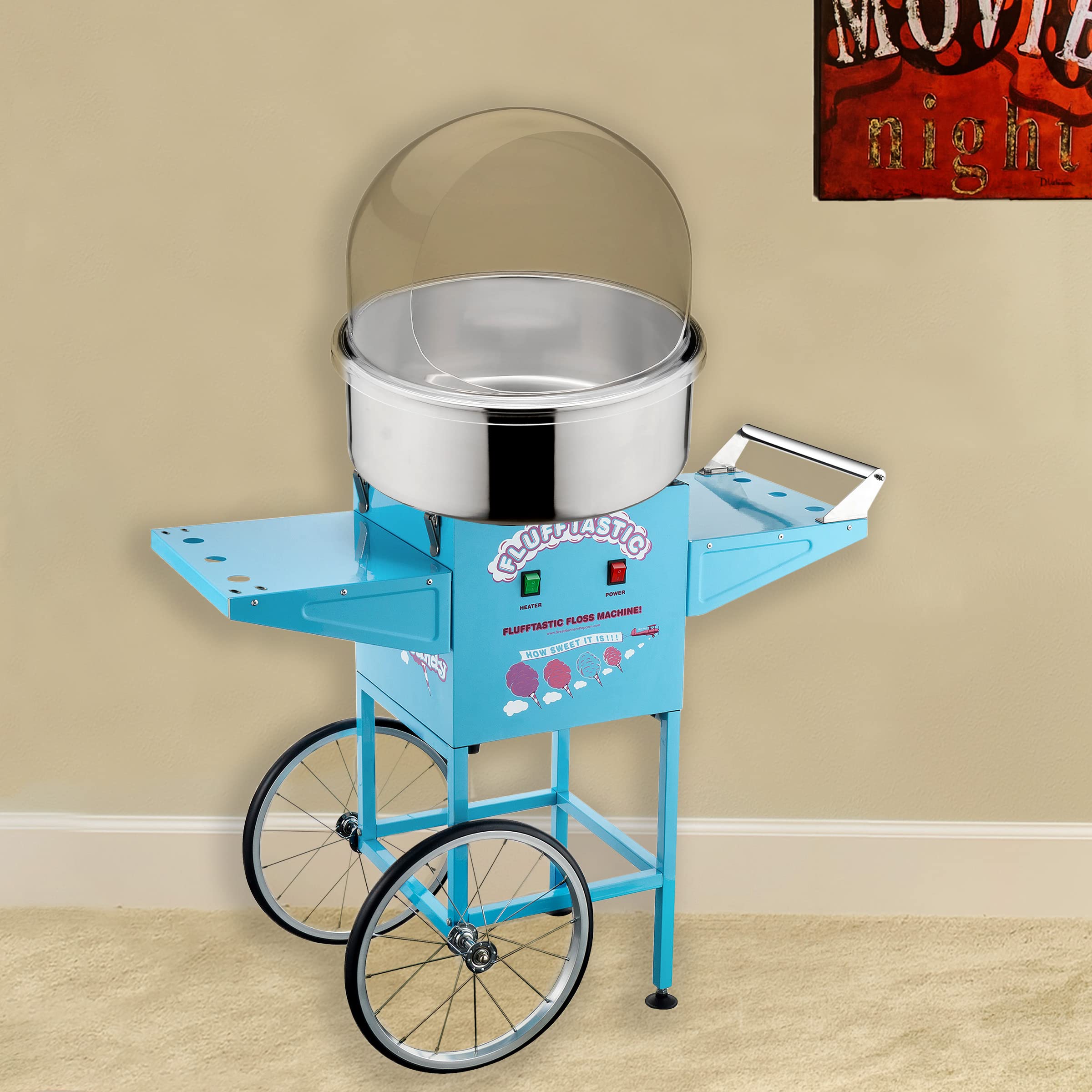 Cotton Candy Machine – Flufftastic 1000W Floss Maker with Cart, 13-Inch Wheels, Dome Shield, and Stainless-Steel Pan by Great Northern Popcorn (Blue), 36" x 20.5" (83-DT6038)