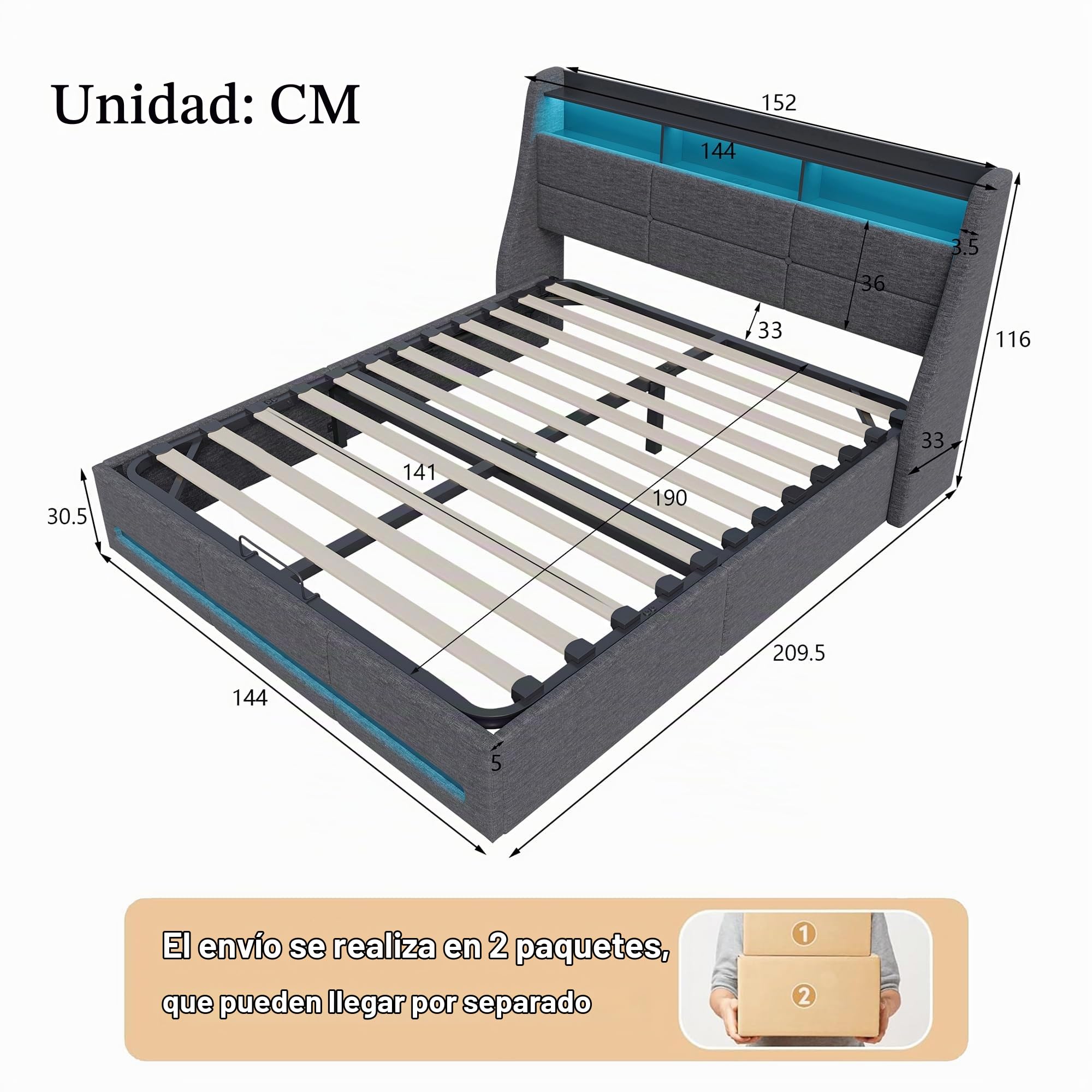 Camas Matrimoniales con usb, Cama con Almacenaje y Cargador 140x190 cama Matrimonio Tapizada con Espacio de Almacenamiento y luces led Marco de CAMAS con Cabecero,Sin Colchon (D Gris Lino, 140x190 cm)