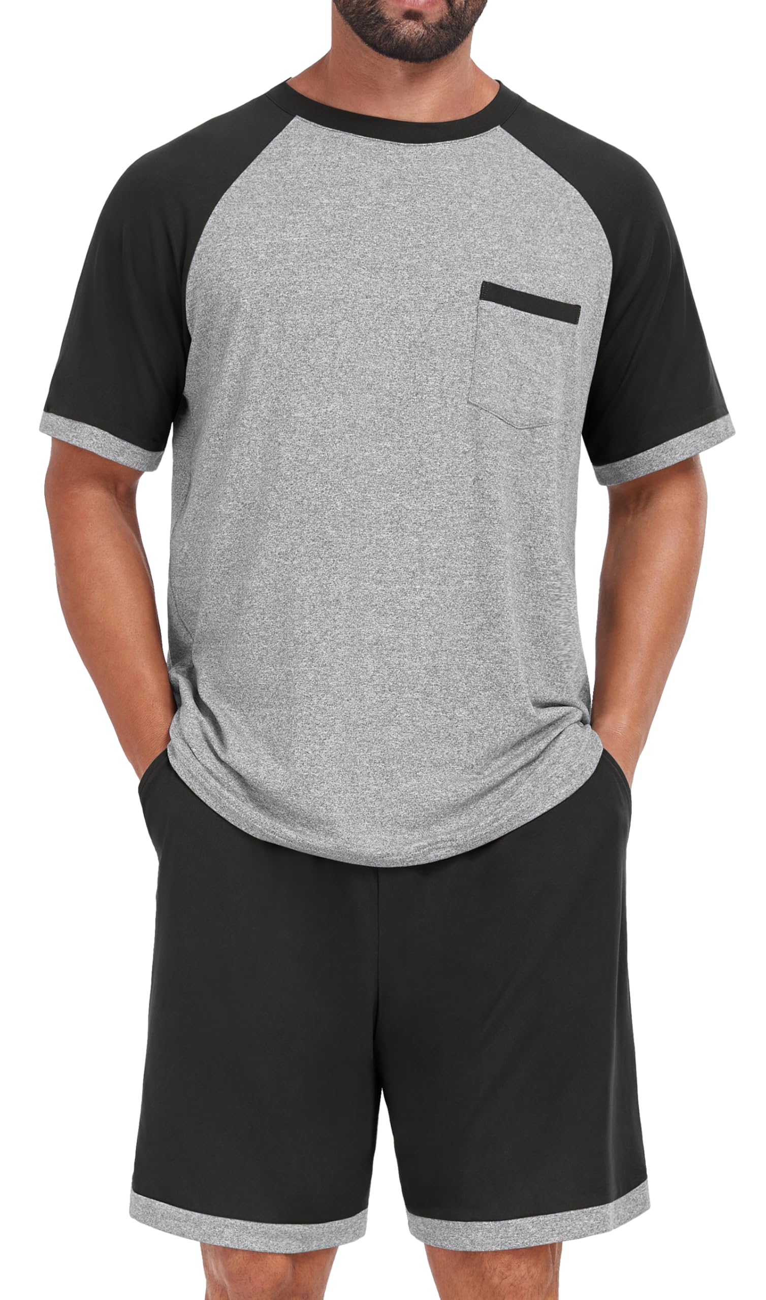 Mens Pajamas Set Shirt and Shorts Lightweight Summer Sleepwear