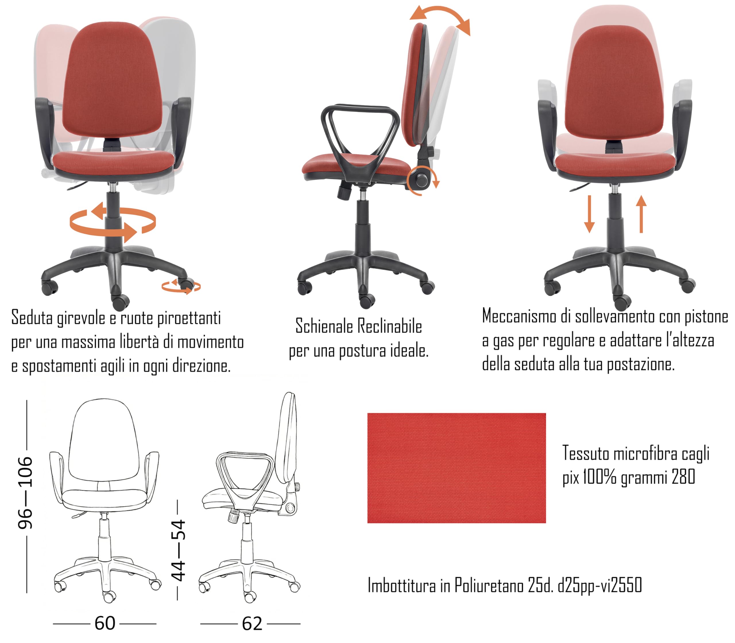 Generico Sedia Poltrona Operativa Ergonomica Torino tessuto Microfibra con Schienale Alto Braccioli Fissi e basamento girevole (Rosso)