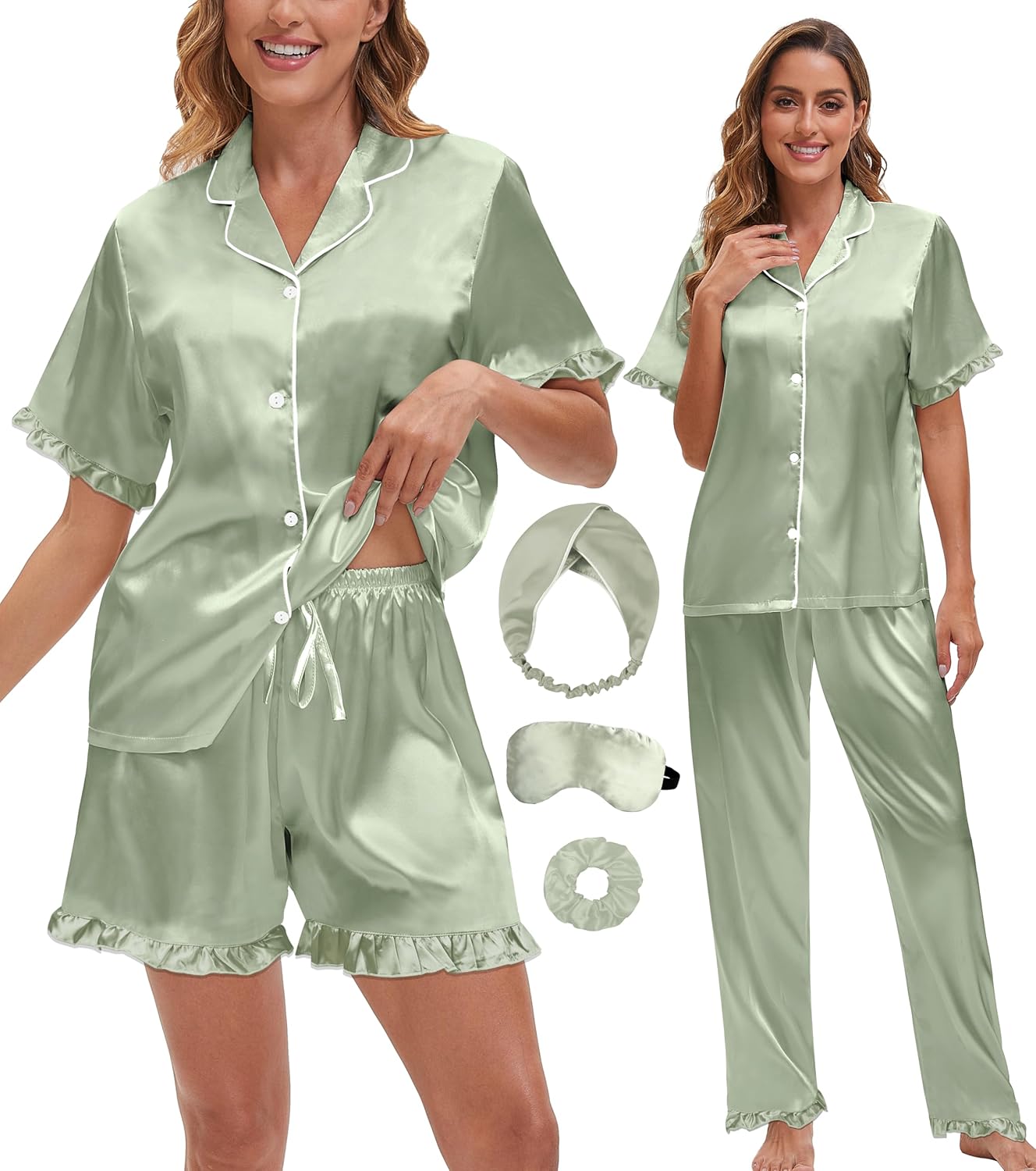 Silk Pajamas for Women 3 Piece Satin Pajama Set Ruffle Cute Pj Sets Button Down Sleepwear Side Pockets