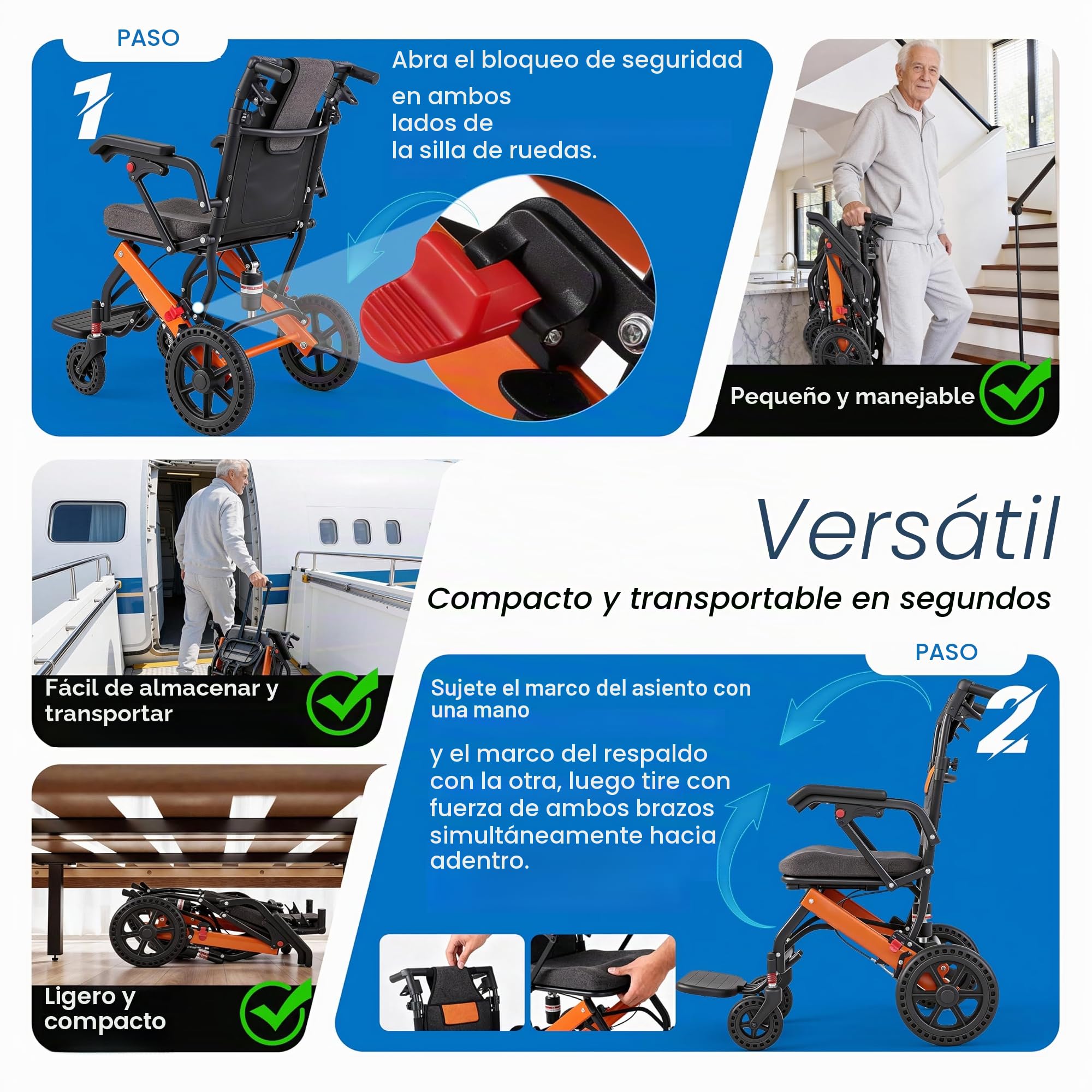 Silla de ruedas plegable ligera 2026, respaldo ajustable, neumáticos de panal de abeja de 28 cm, sillas de transporte con mango telescópico, bolsa de viaje, bolsa de viaje, cojines hinchables