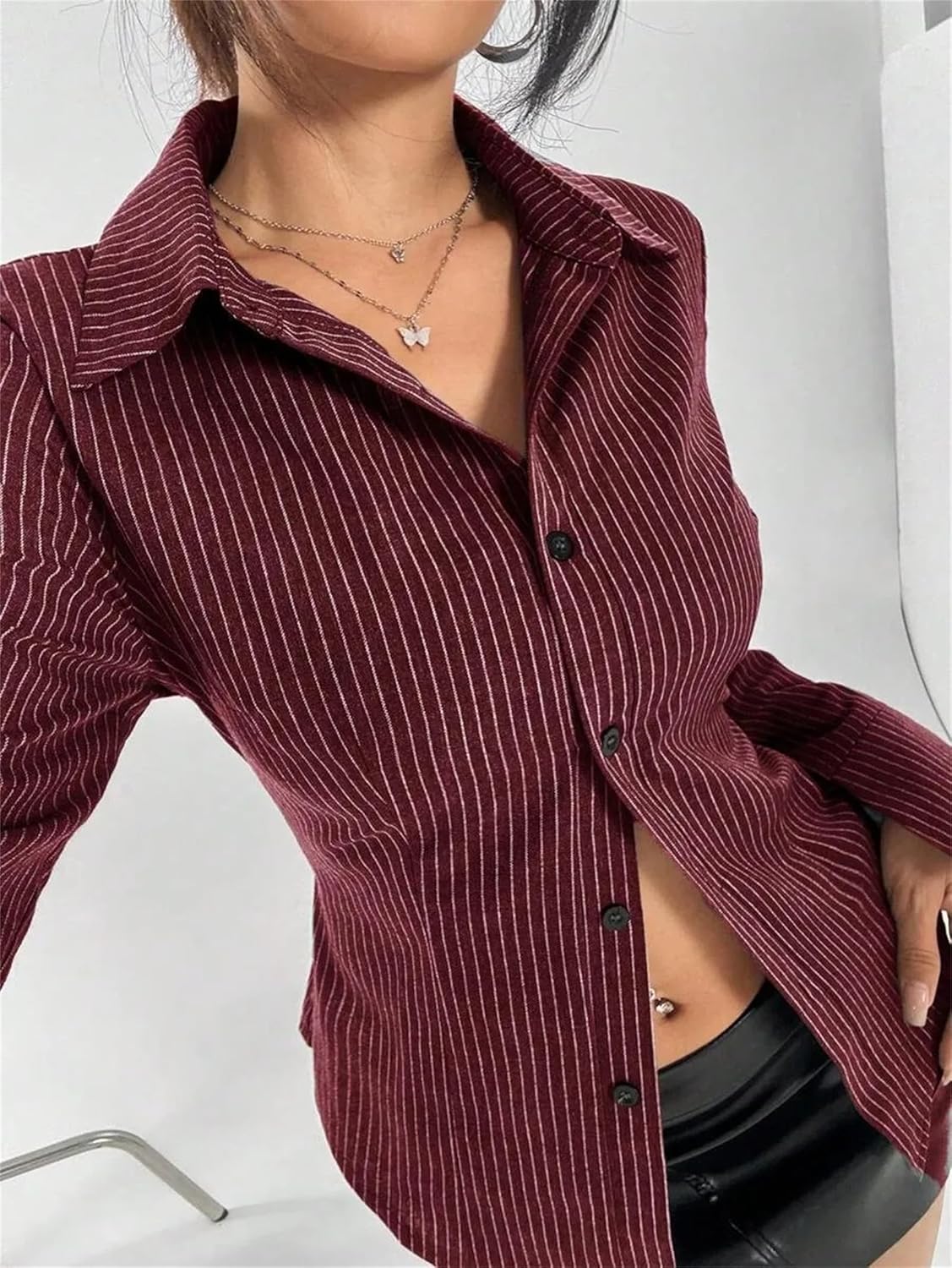 Women Slim Fit Button Down Striped Shirt Long Sleeve Fitted Button Up Shirt Vintage Y2K Pinstripe Collared Blouse - Image 4