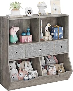 IDEALHOUSE Kids Bookshelf and Toy Storage Organizer with 3 Movable Drawers, Floor Storage Cabinet Toy Chest with 4 Cubbies, Multifunctional Storage Chest for Nursery, Playroom and Bedroom (Grey)