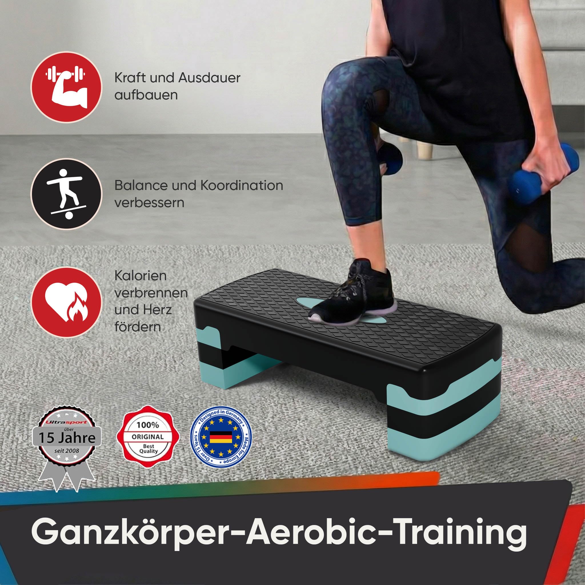 Ultrasport Aerobic Steppbrett I Step Up Board Rutschfest, 3-fach Höhenverstellbar I Fitness Stepper für Zuhause, Stepboard, Stepbench Brett 68 x 28 cm, Blau