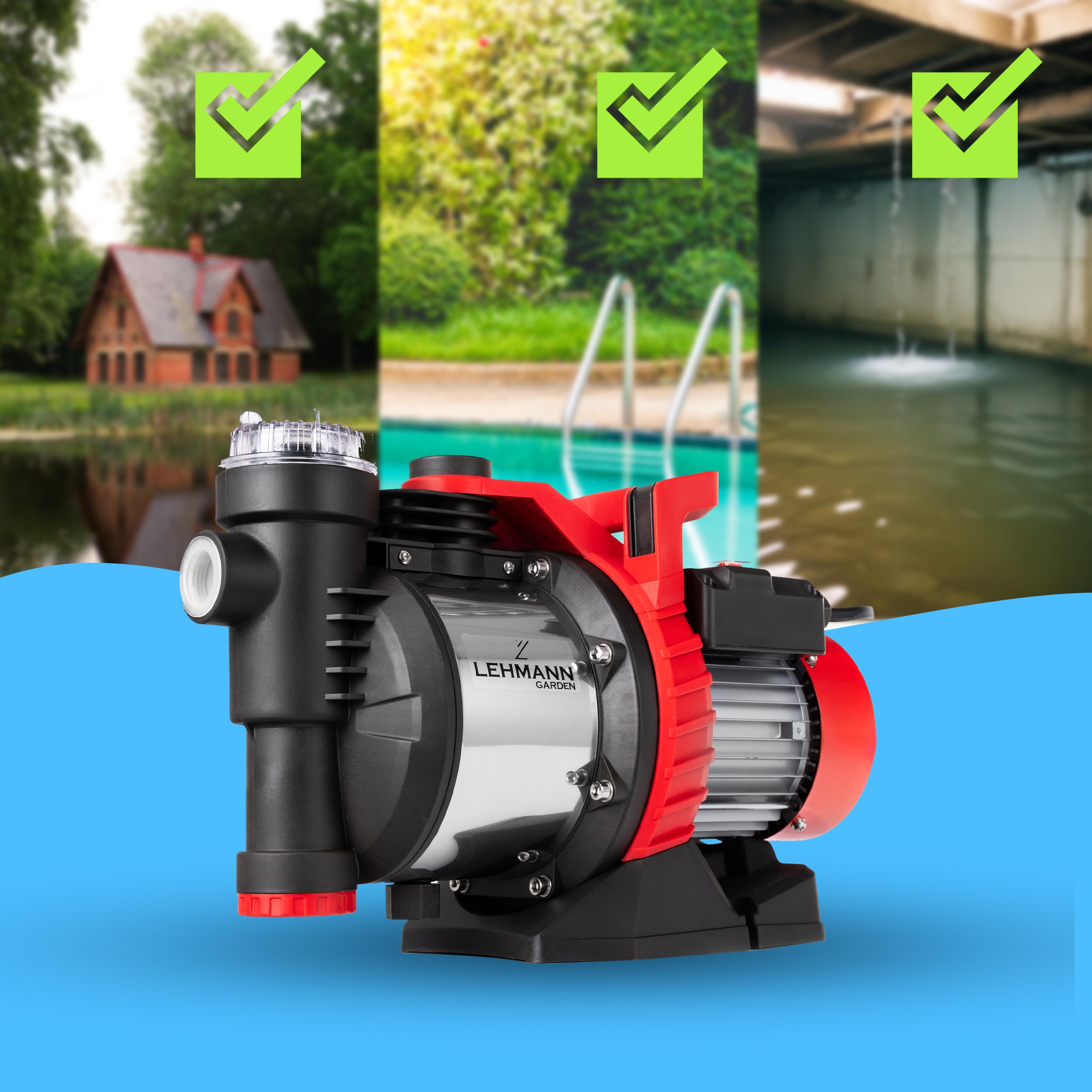 LEHMANNN Gartenpumpe BP1, 900 W, Förderleistung 3600 L/h, 4,2 bar Druck, max. Ansaughöhe: 8 m & Förderhöhe 42 m, Selbstansaugende, Pumpengehäuse aus Edelstahl, IPX4, ergonomische Tragegriff