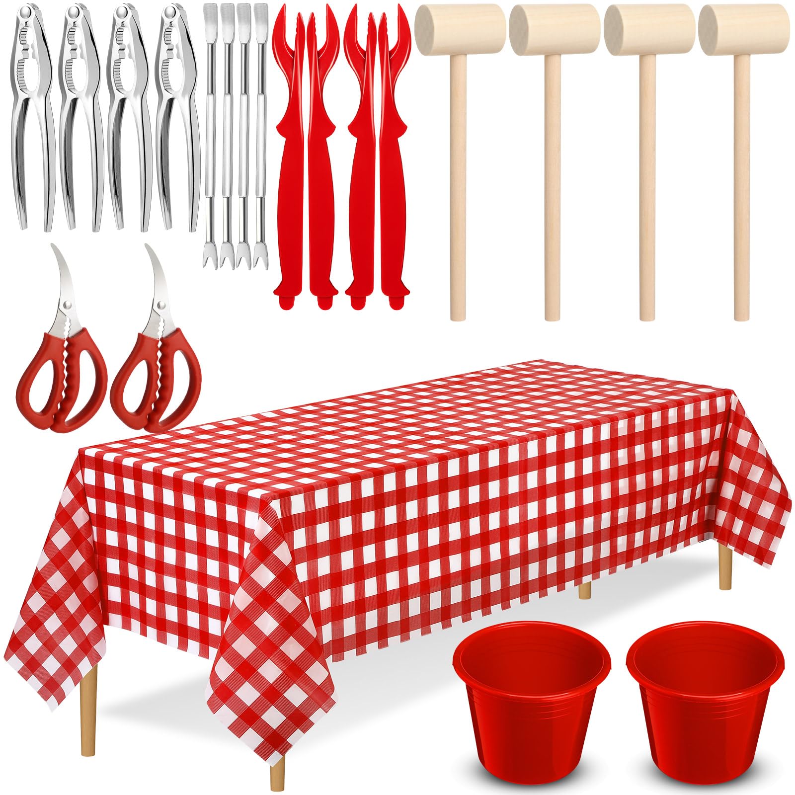 SmoothNovelty 21 Pcs Seafood Tools Set Seafood Boil Party Supplies, Tablecloth Crab Crackers Scissors Lobster Sheller Hammer Shellfish Fork Cracker