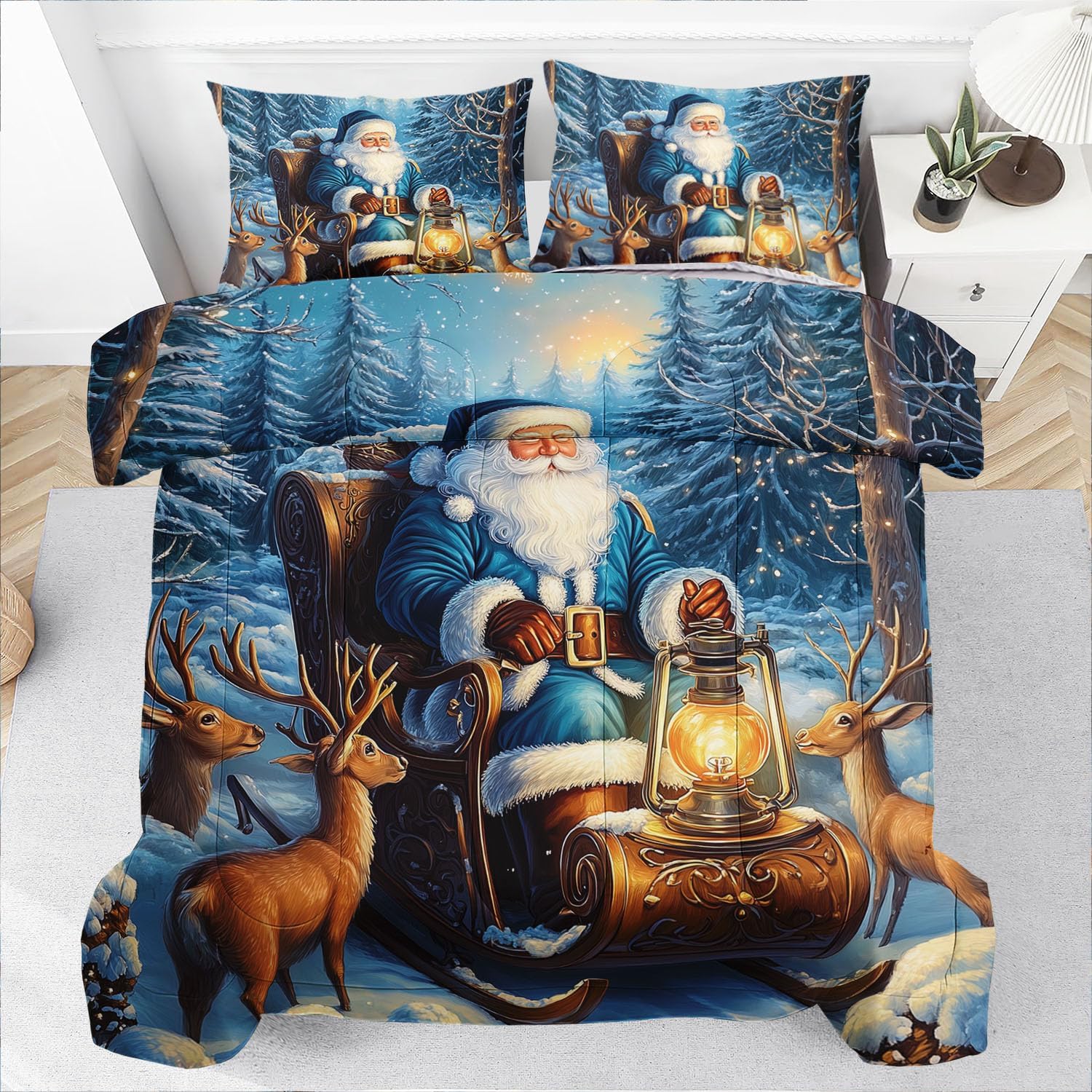 Raphus cucullatus Christmas Bedding Queen,Christmas Comforter Set,Santa Claus Decor Holiday Bedding Winter Quilt,Santa Claus Comforter Set,Snowflake Navidad Quilt Set,Cute Reindeer Quilt