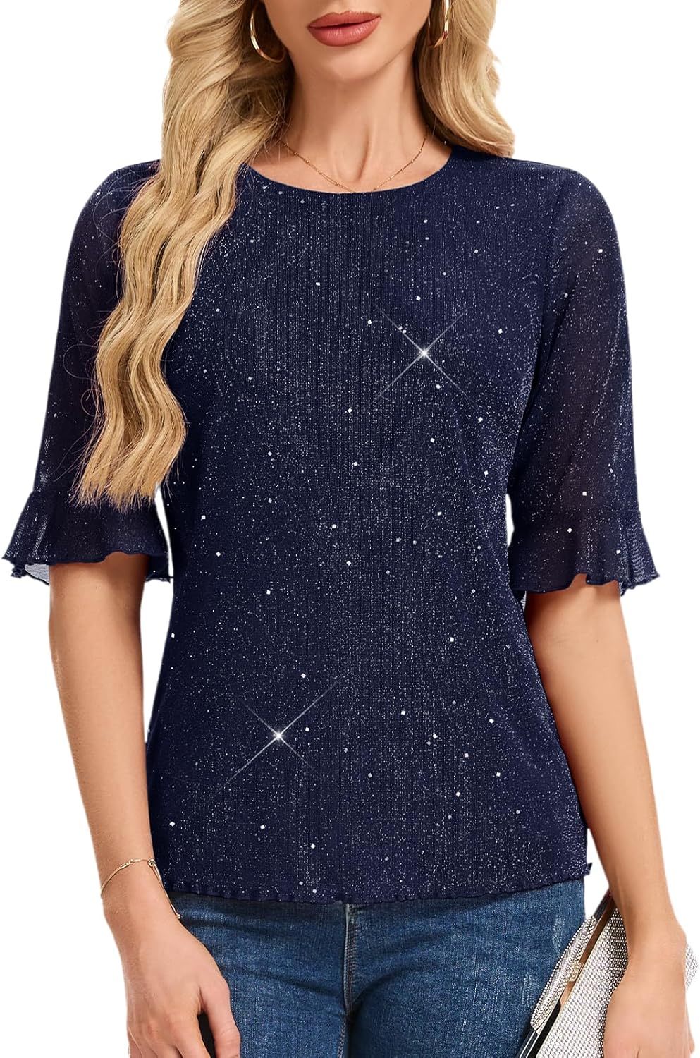 HomRain Womens Ruffle 3/4 Sleeve Sparkle Top Blouses Casual Shirts Crew Neck Glitter Night Out Tops for Elegant Evening