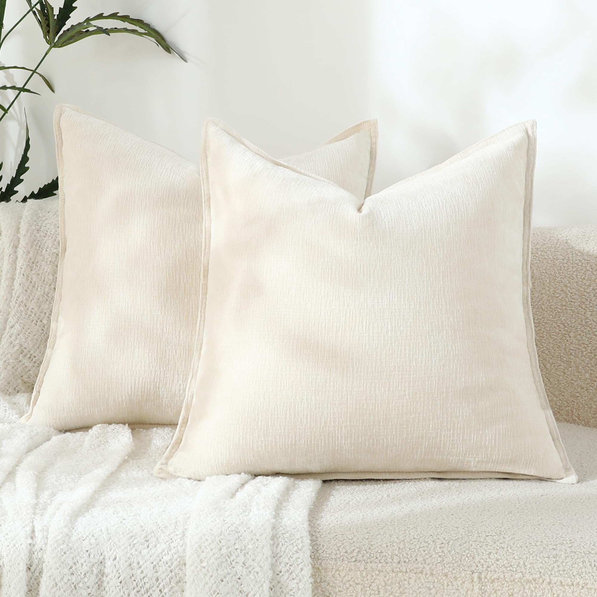 Stellhome Soft Chenille Decorative Pillow Covers 20x20 Inch Natural Cream White Boho Farmhouse Neutral Couch Throw Pillows for