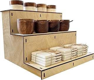 Versatile 3-Tier Wooden Portable Display Stand | Ideal for Craft Shows, Farmers Markets, and Tradeshows | Easy Assembly | Bottles, Soap, CBD, Jewelry, Cups, Tumblers, and Coasters (Natural, STRAIGHT)