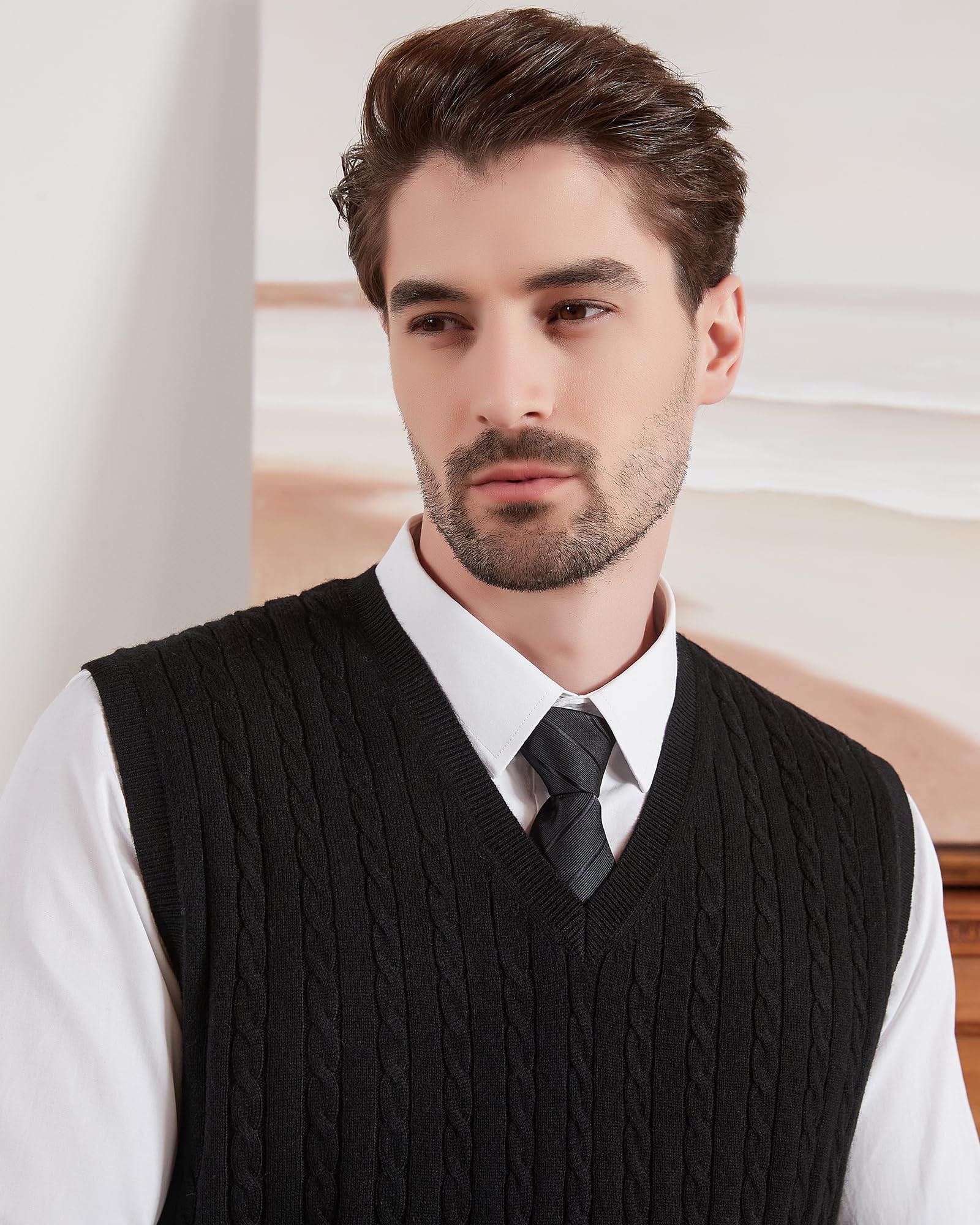 Kallspin Homme Gilet Pull col en V en Laine mélangée sans Manches tricoté